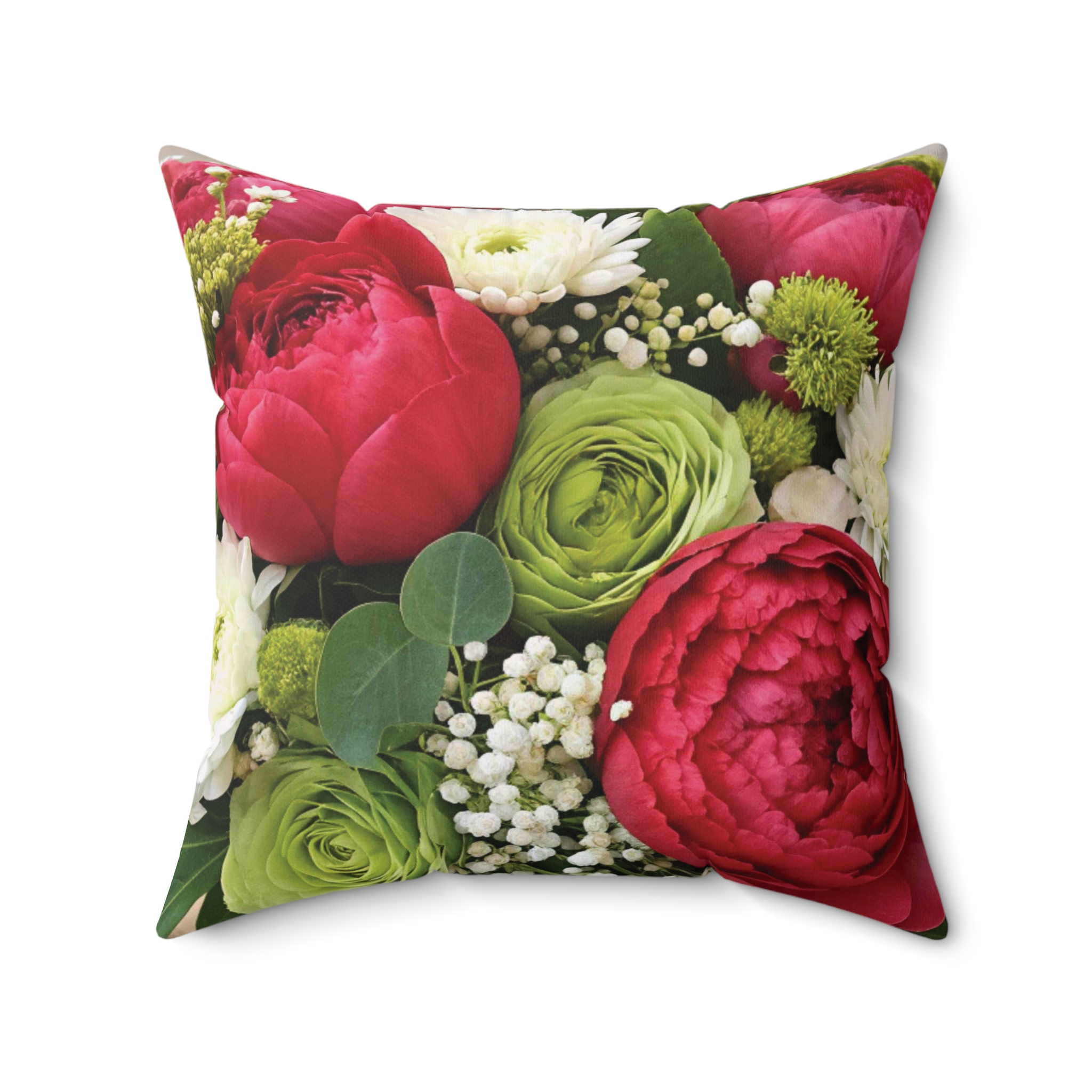 Red and Green Peony Rose Floral Pillow | Square Throw Pillow product thumbnail image