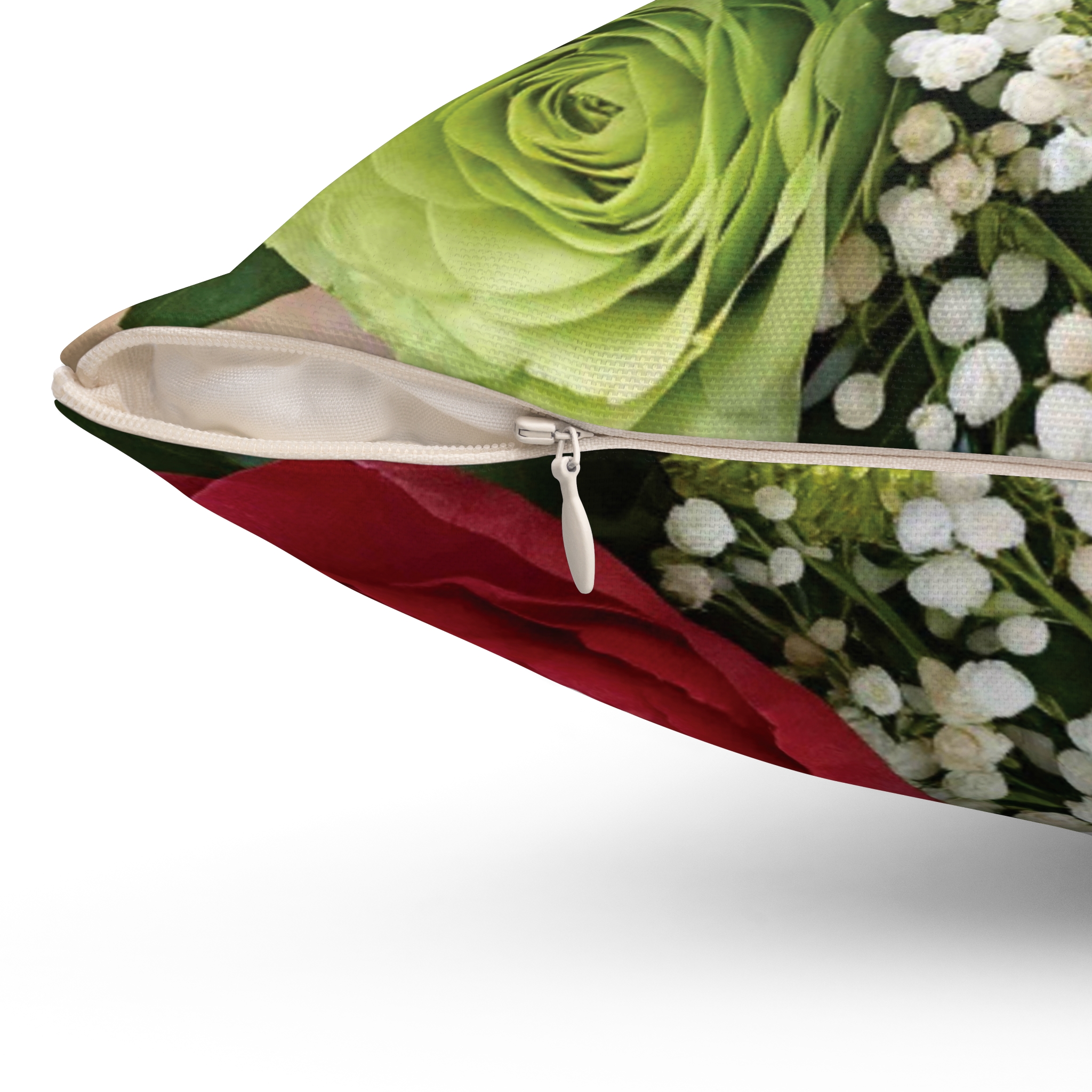 Red and Green Peony Rose Floral Pillow | Square Throw Pillow product thumbnail image