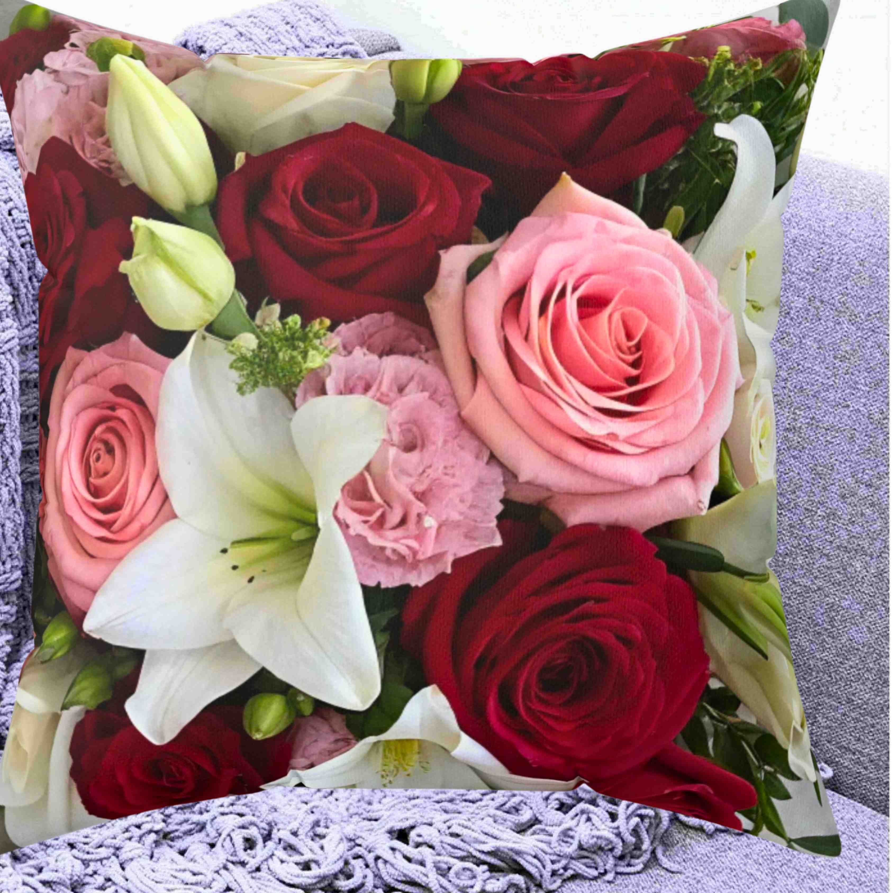 Red and Pink Rose Bouquet Pillow | Floral Square Pillow, Romantic Flower Print Red and Pink Rose Bouquet Pillow | Floral Square Pillow, Romantic Flower Print