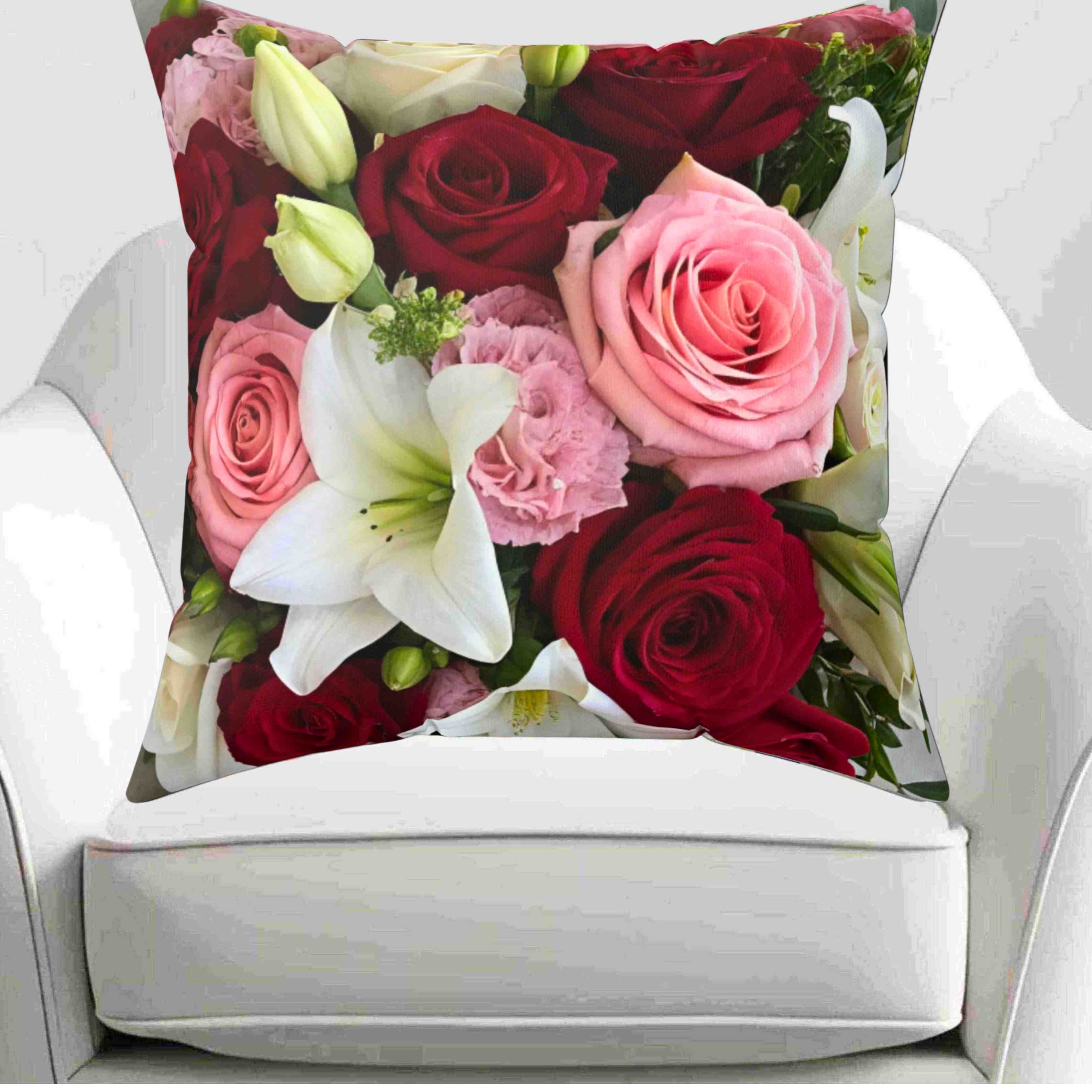 Red and Pink Rose Bouquet Pillow | Floral Square Pillow, Romantic Flower Print product thumbnail image
