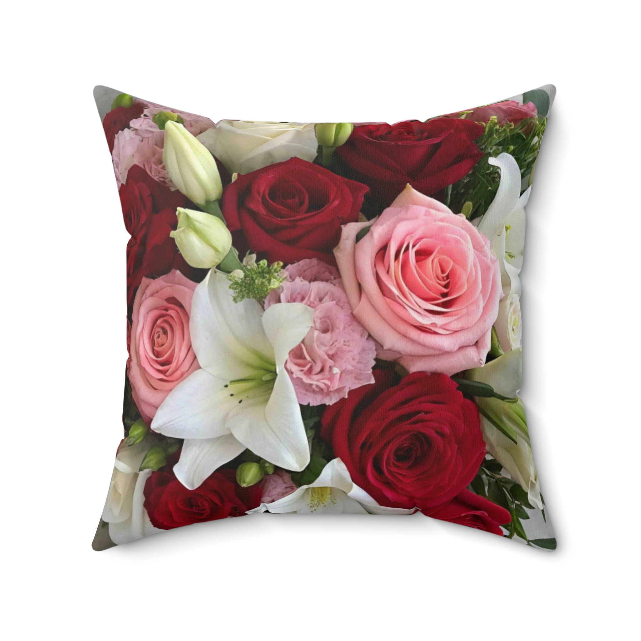 Red and Pink Rose Bouquet Pillow | Floral Square Pillow, Romantic Flower Print product thumbnail image