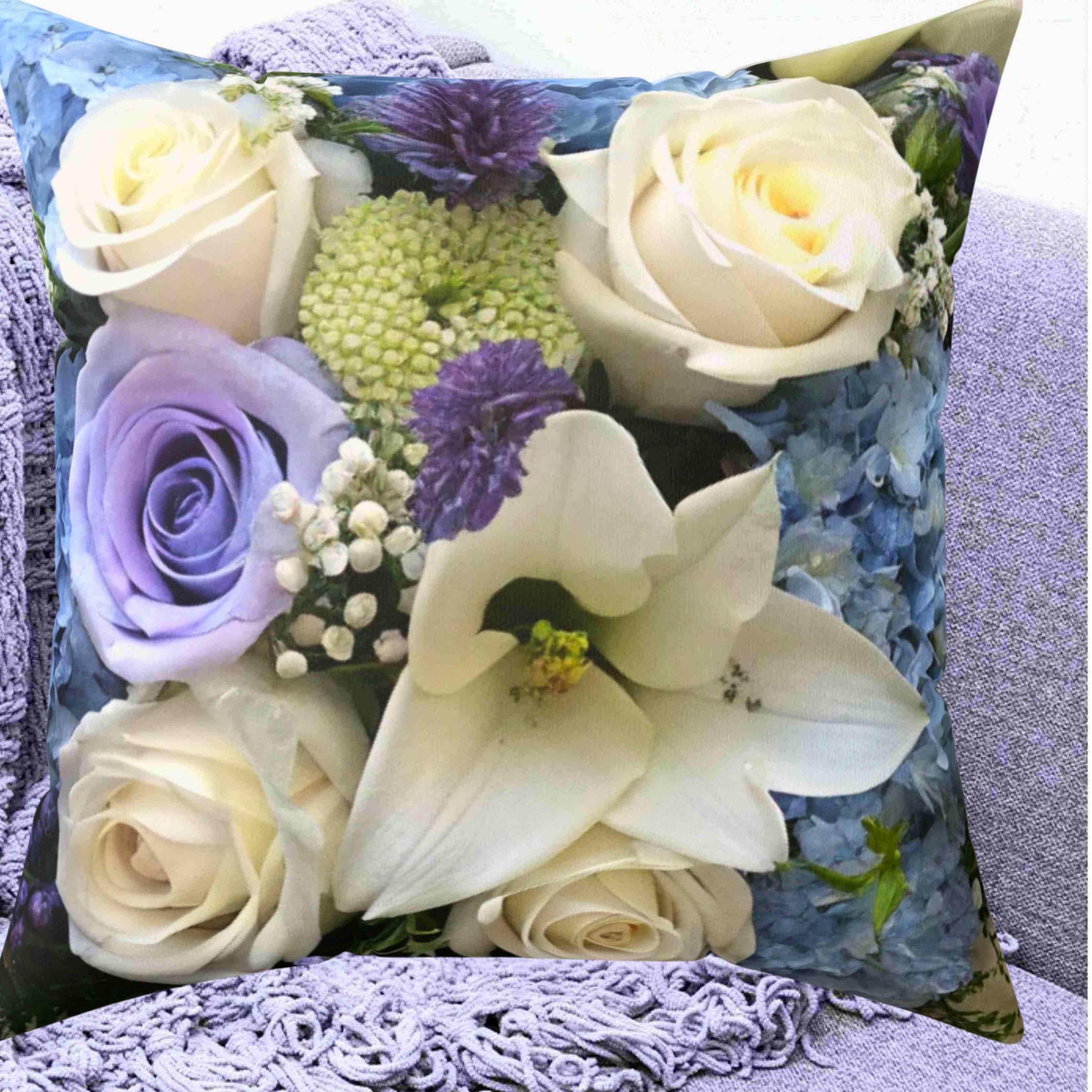 White and Lavender Floral Bouquet Pillow | Square Pillow White and Lavender Floral Bouquet Pillow | Square Pillow