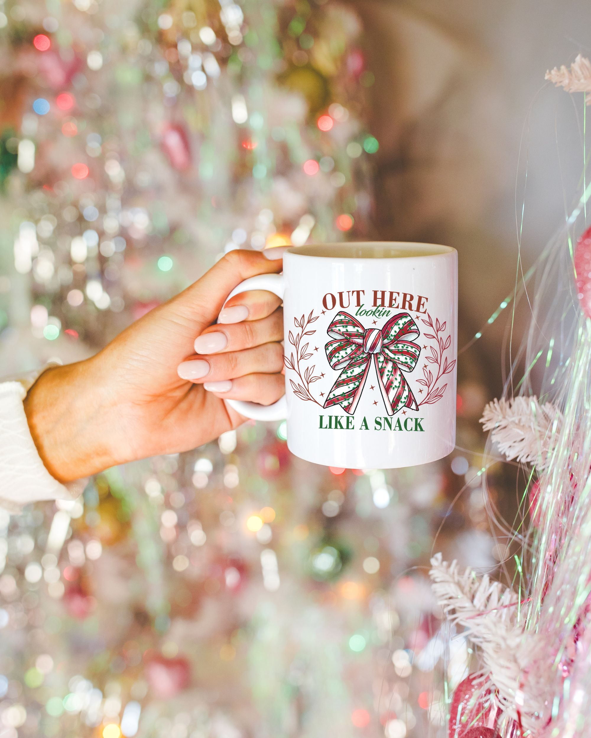 Out Here Lookin’ Like a Snack Christmas Tree Cake Mug – Coquette Bow Ceramic Holiday Cup, Cute Funny Christmas Gift for Moms & Besties product thumbnail image Out Here Lookin’ Like a Snack Christmas Tree Cake Mug – Coquette Bow Ceramic Holiday Cup, Cute Funny Christmas Gift for Moms & Besties product thumbnail image