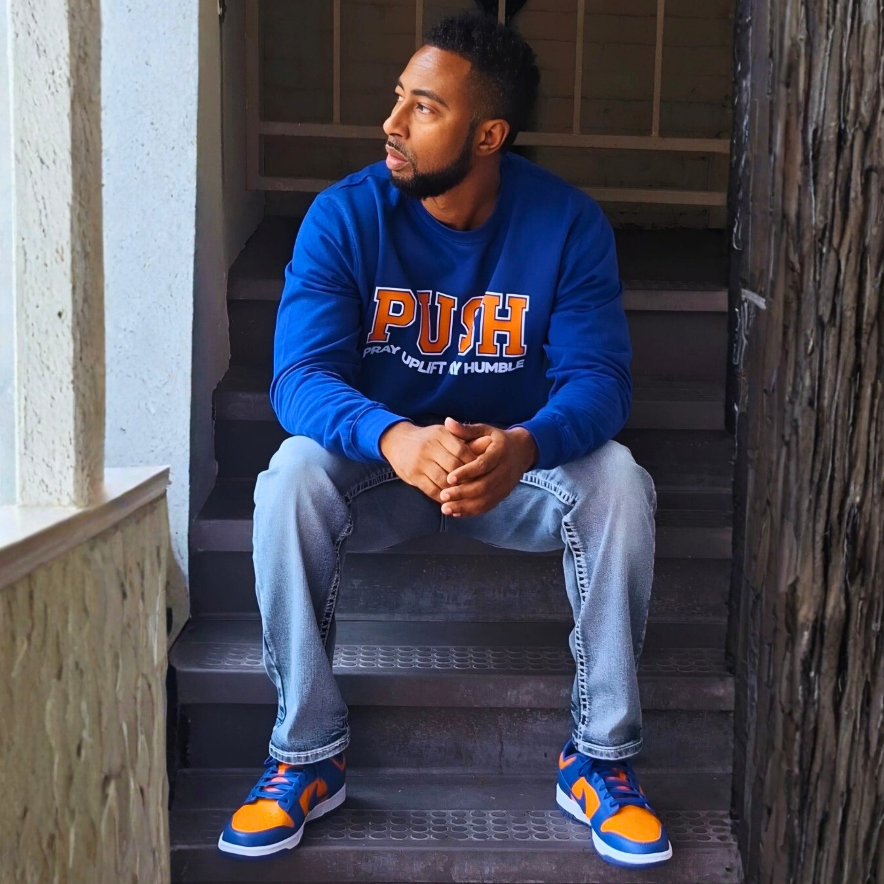 Unisex "PUSH" Royal/White/Bright Ceramic Sweatshirt product thumbnail image