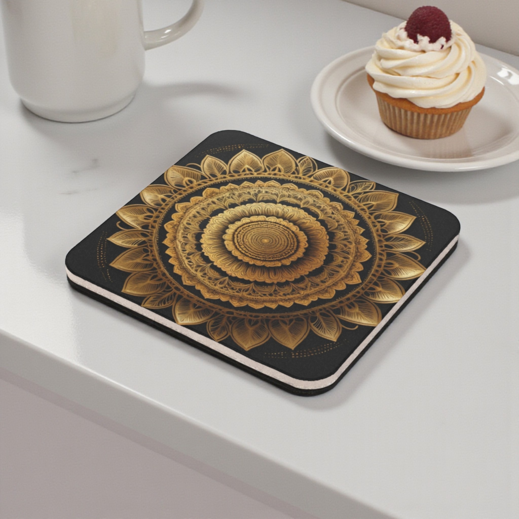 Golden Sun Mandala Cork Back Coaster