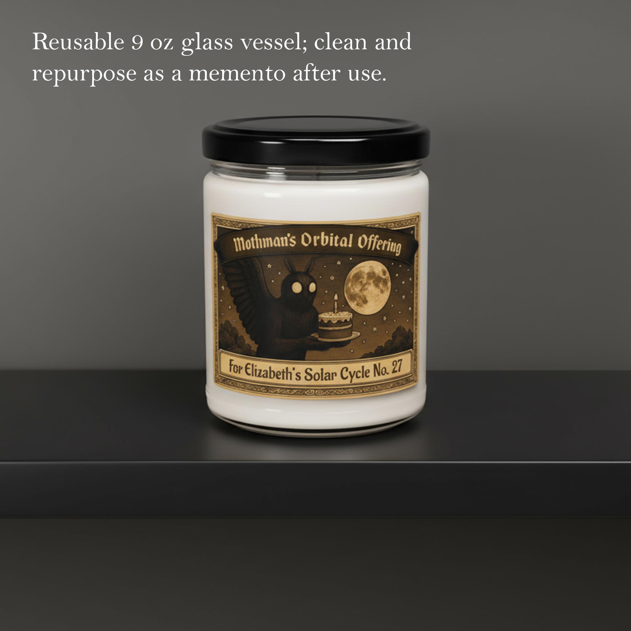 Personalized Mothman's Orbital Offering Birthday Gift jar candle | Cinnamon Vanilla scent, 9 oz product thumbnail image