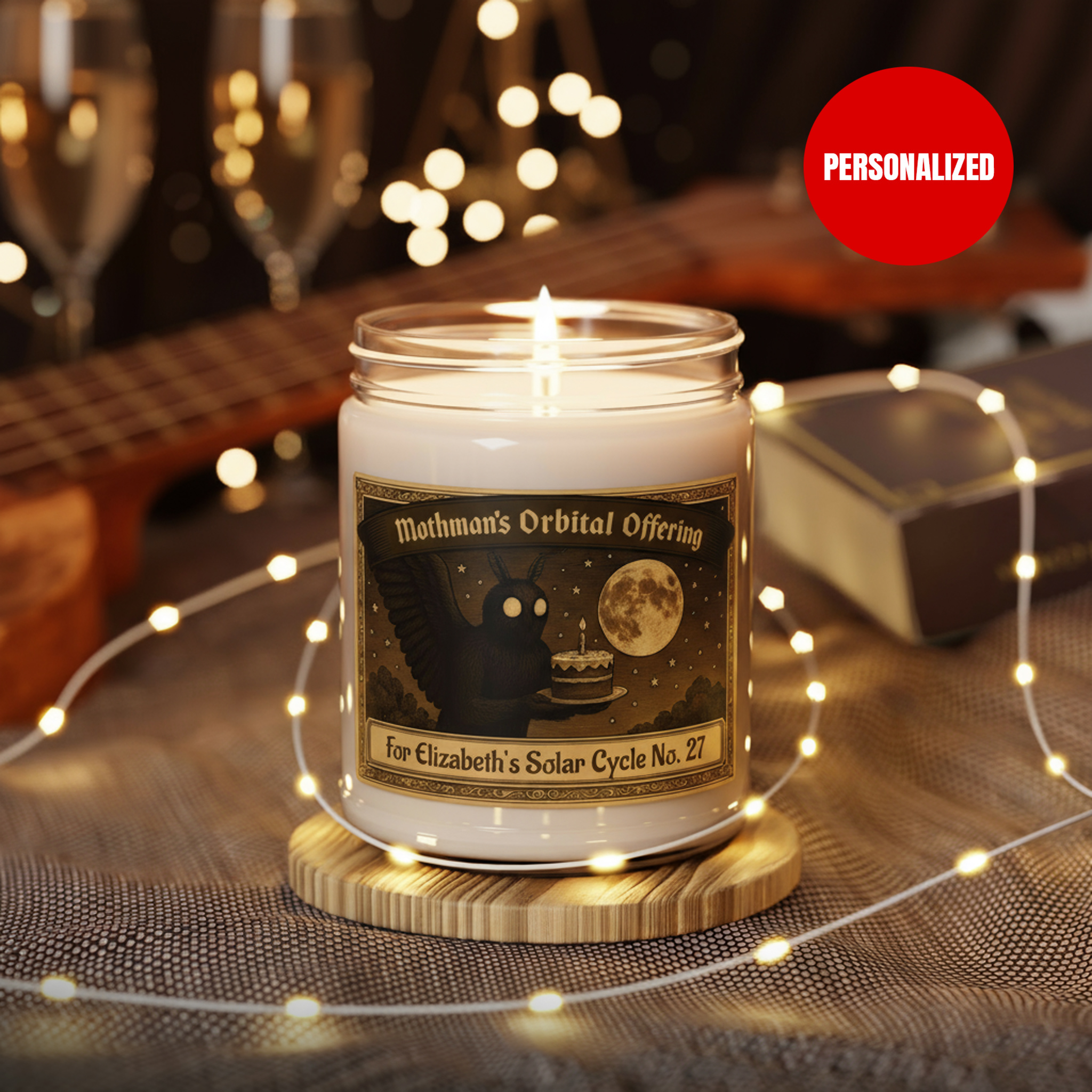 Personalized Mothman's Orbital Offering Birthday Gift jar candle | Cinnamon Vanilla scent, 9 oz