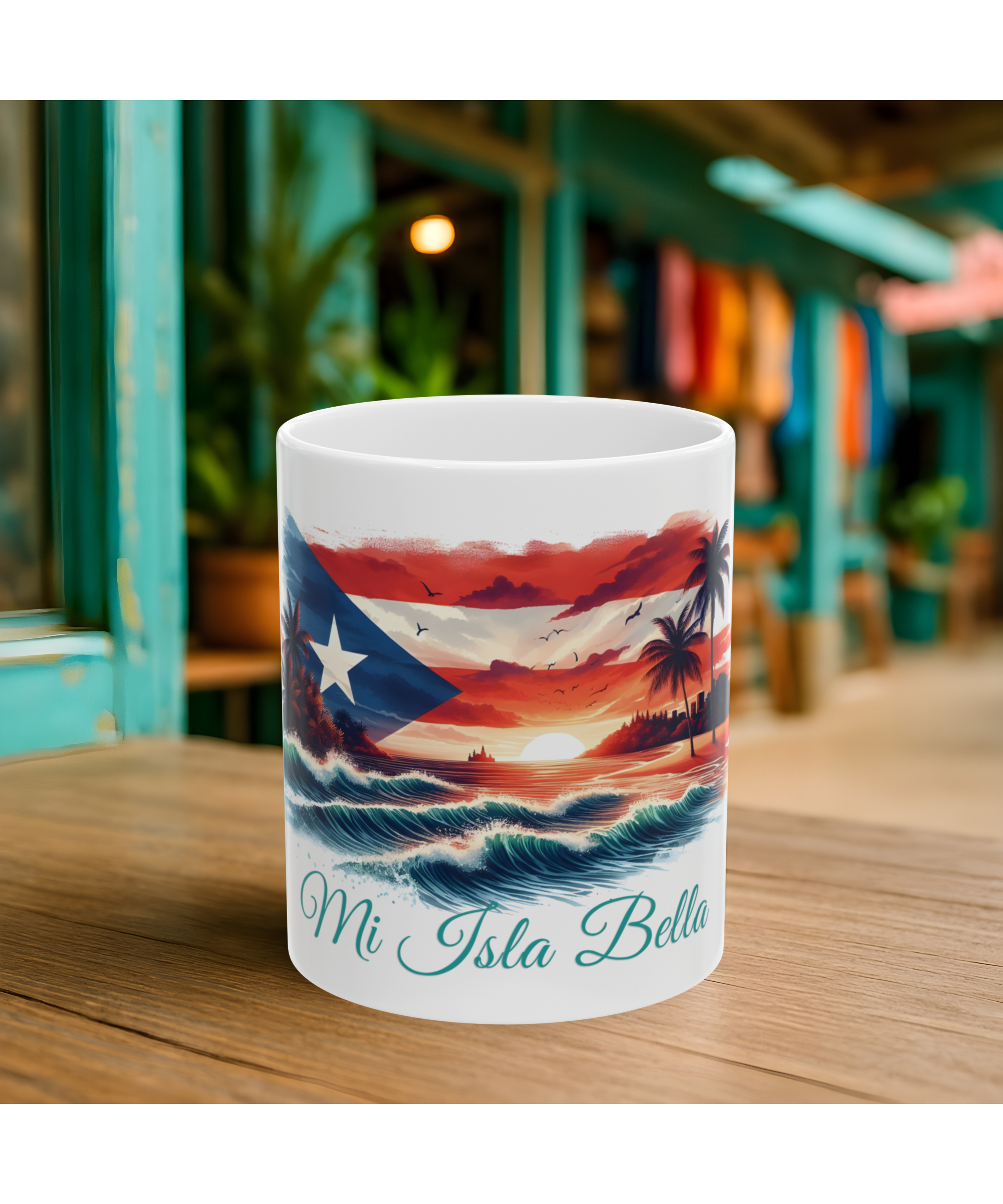 Mi Isla Bella Puerto Rican Flag Mug | Boricua Pride Coffee Cup | Puerto Rico Sunset Beach Mug | Gift for Puerto Rican Coffee Lovers, Puerto Rico Sunset Ceramic Mug ,Puerto Rican Pride Coffee Cup (11oz, 15oz) product thumbnail image