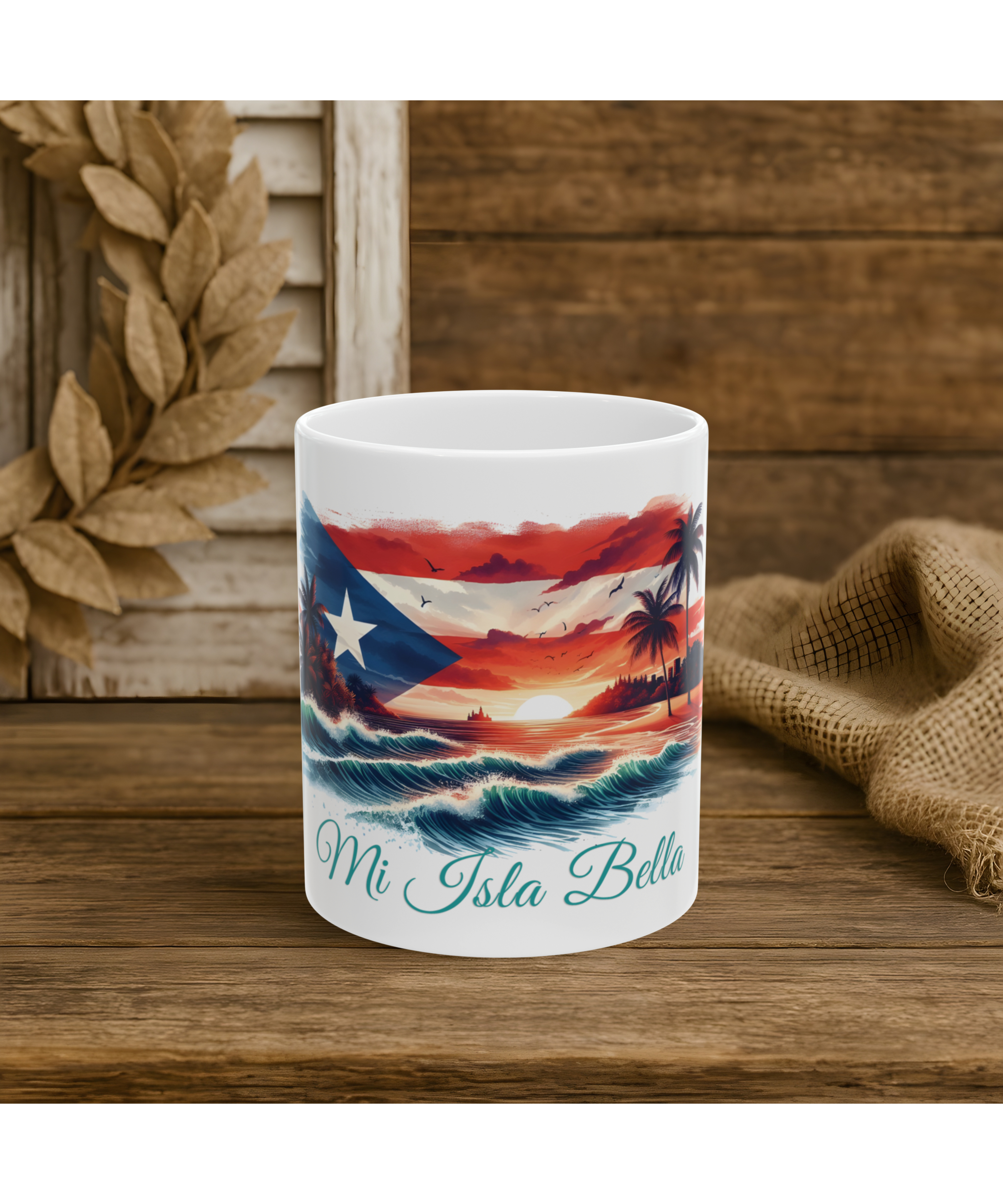 Mi Isla Bella Puerto Rican Flag Mug | Boricua Pride Coffee Cup | Puerto Rico Sunset Beach Mug | Gift for Puerto Rican Coffee Lovers, Puerto Rico Sunset Ceramic Mug ,Puerto Rican Pride Coffee Cup (11oz, 15oz) product thumbnail image