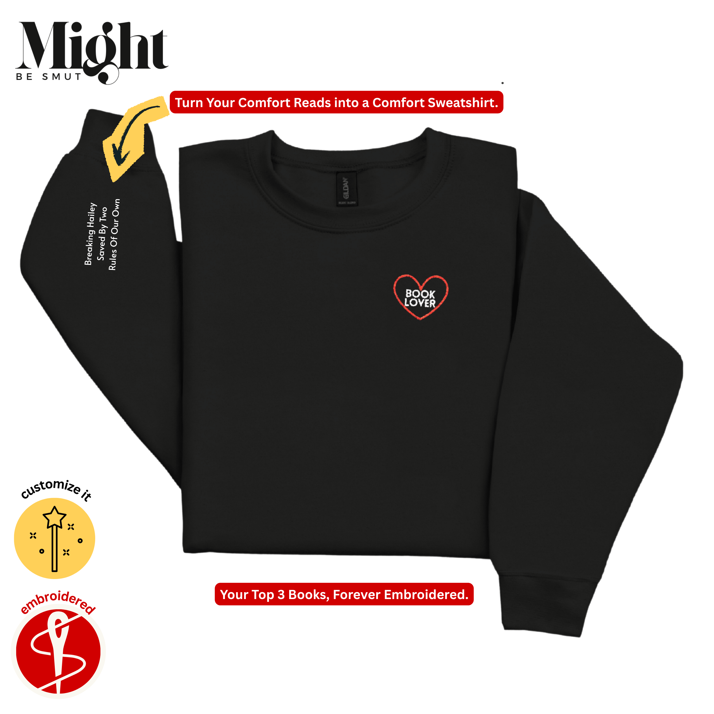 Personalized Embroidered Book Lover Crewneck Sweatshirt - Your Favorite 3 Book Titles On Your Sleeve  product thumbnail image