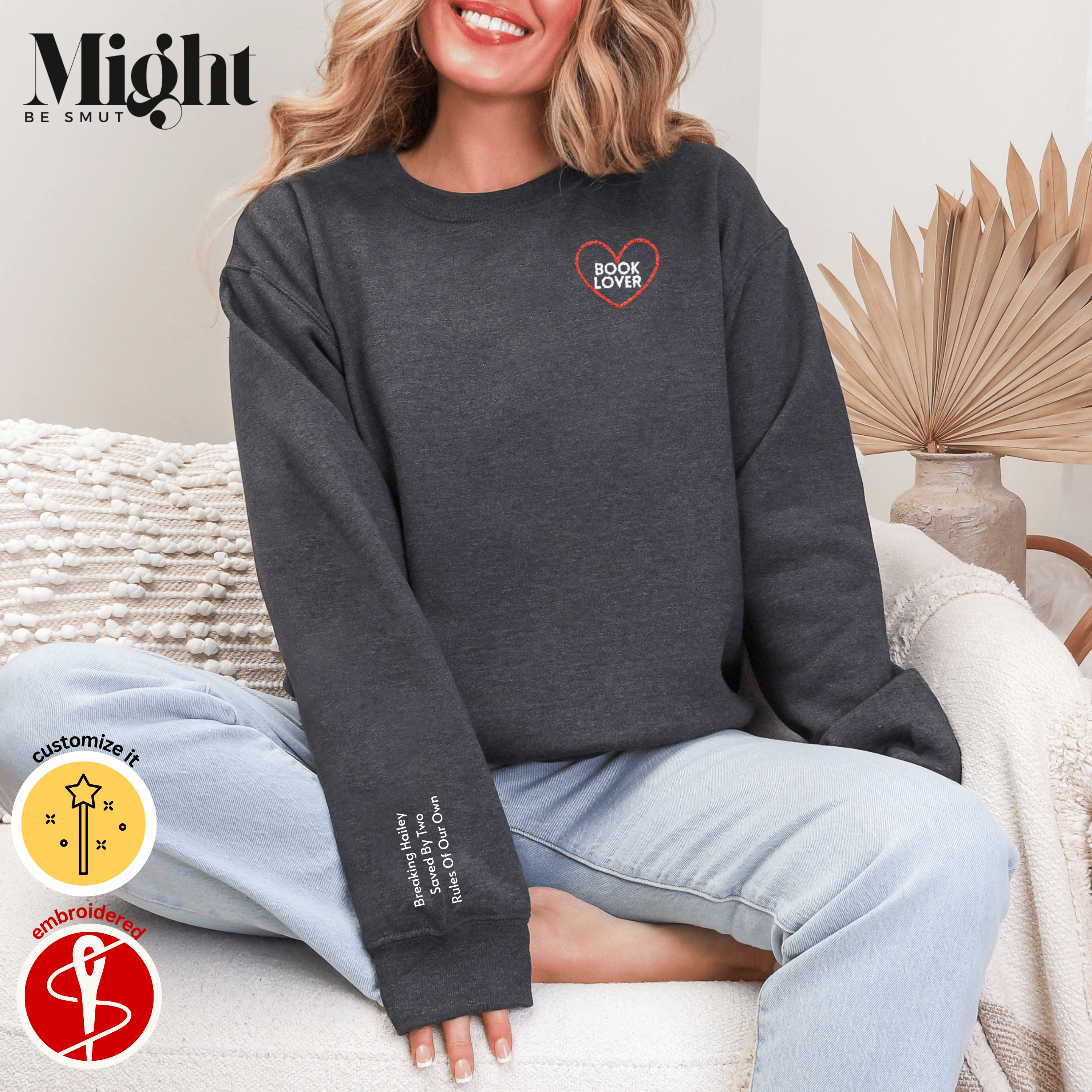 Personalized Embroidered Book Lover Crewneck Sweatshirt - Your Favorite 3 Book Titles On Your Sleeve  product thumbnail image