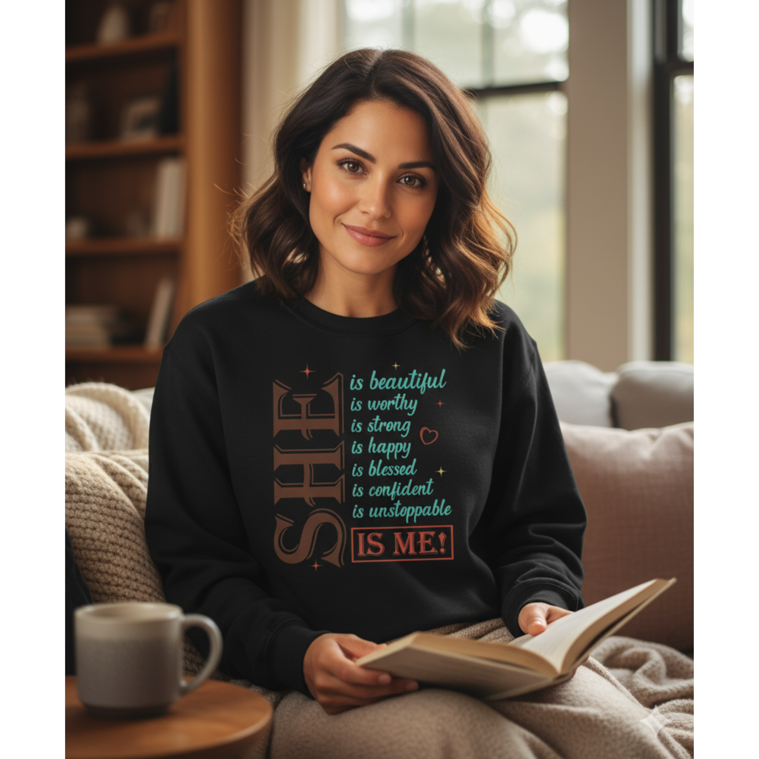 She Is Me Crewneck Sweatshirt — Inspirational Feminine Graphic Pullover