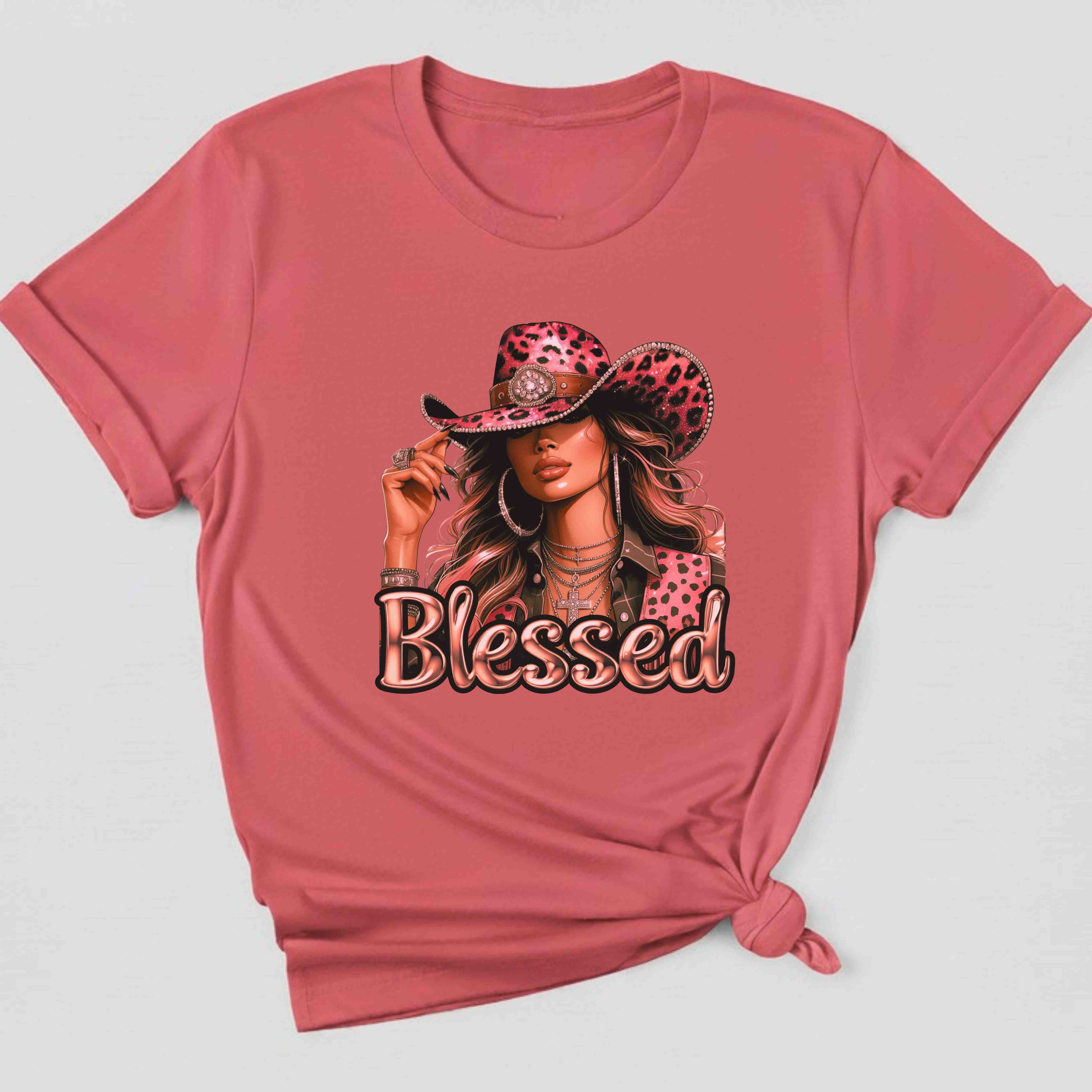 "Blessed" - Faith Based Women's Cotton Short Sleeve T-shirt, Cowgirl Graphic, Inspirational product thumbnail image "Blessed" - Faith Based Women's Cotton Short Sleeve T-shirt, Cowgirl Graphic, Inspirational product thumbnail image