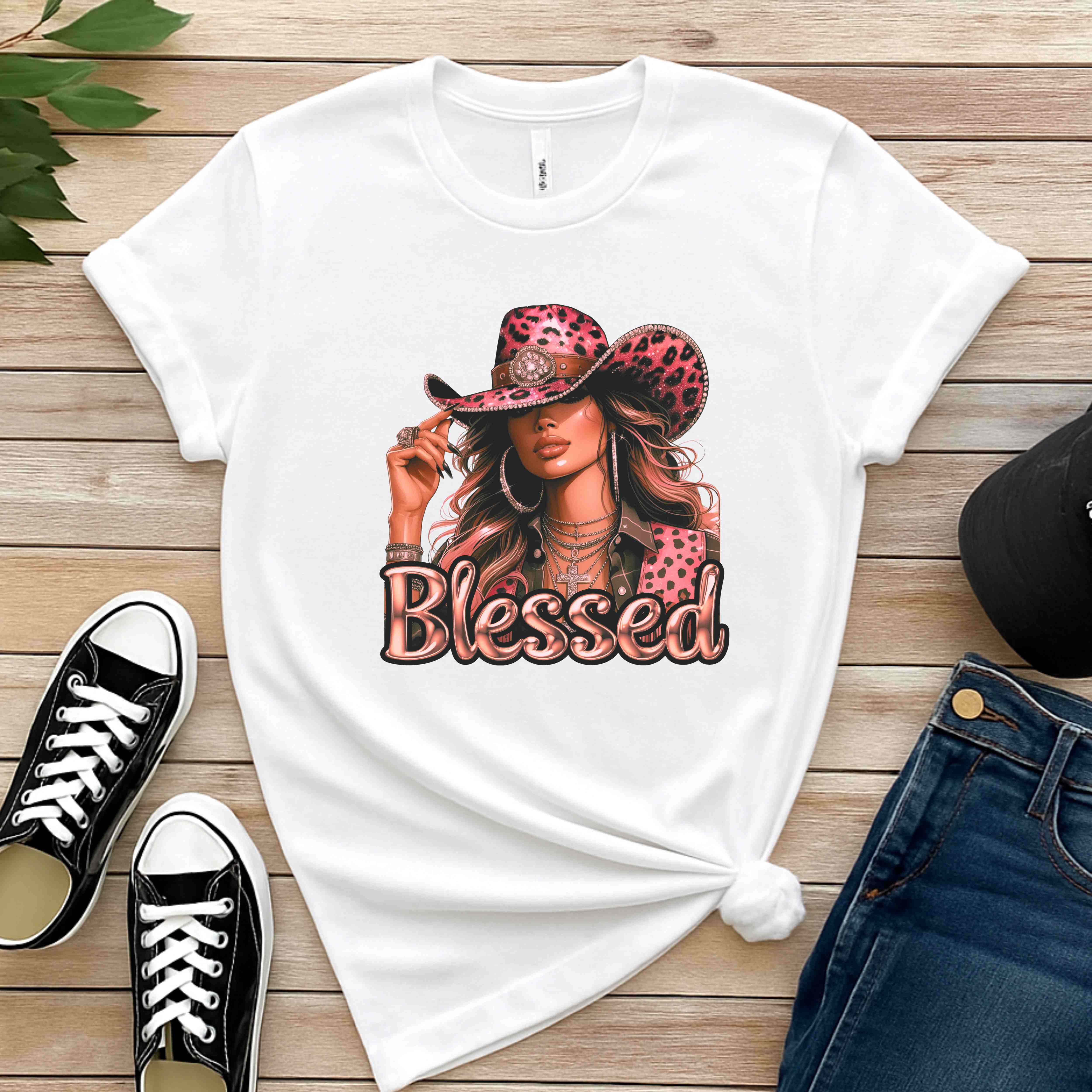 "Blessed" - Faith Based Women's Cotton Short Sleeve T-shirt, Cowgirl Graphic, Inspirational product thumbnail image "Blessed" - Faith Based Women's Cotton Short Sleeve T-shirt, Cowgirl Graphic, Inspirational product thumbnail image