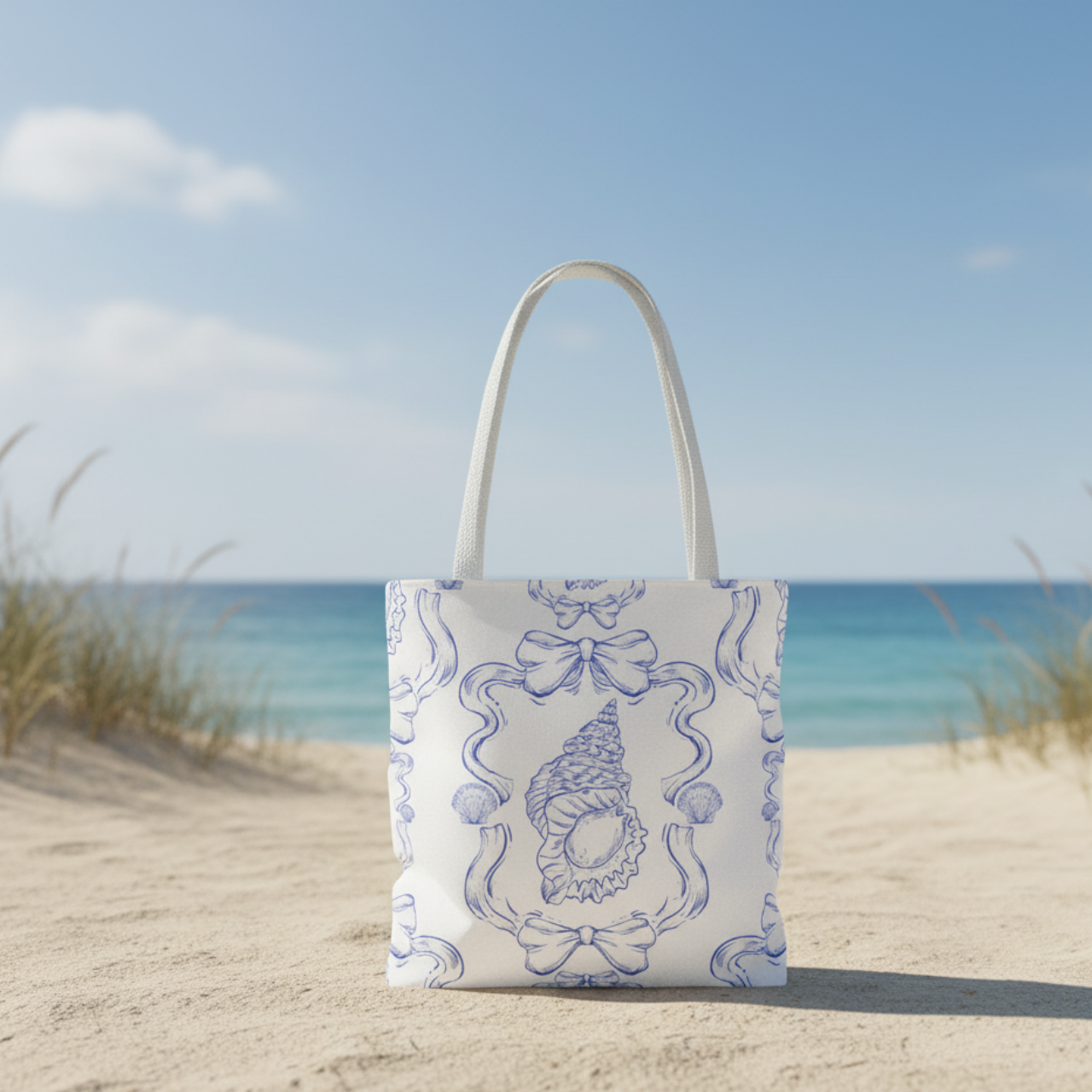 Coquette Coastal Shell Tote Bag | Blue Seashell Bow Design | Aesthetic Beach Tote | Summer Lovin’ Co. | Travel, Beach & Everyday Bag product thumbnail image Coquette Coastal Shell Tote Bag | Blue Seashell Bow Design | Aesthetic Beach Tote | Summer Lovin’ Co. | Travel, Beach & Everyday Bag product thumbnail image