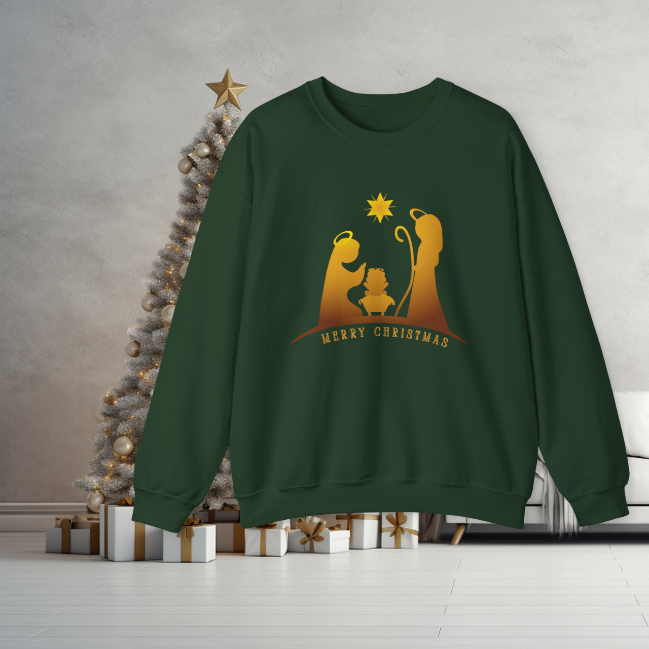 Nativity Christmas Sweatshirt – "Merry Christmas" Gold Silhouette Crewneck product thumbnail image Nativity Christmas Sweatshirt – "Merry Christmas" Gold Silhouette Crewneck product thumbnail image