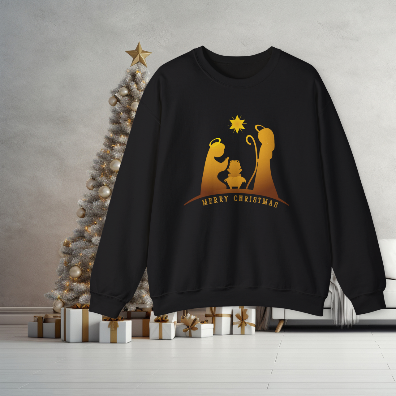 Nativity Christmas Sweatshirt – "Merry Christmas" Gold Silhouette Crewneck product thumbnail image