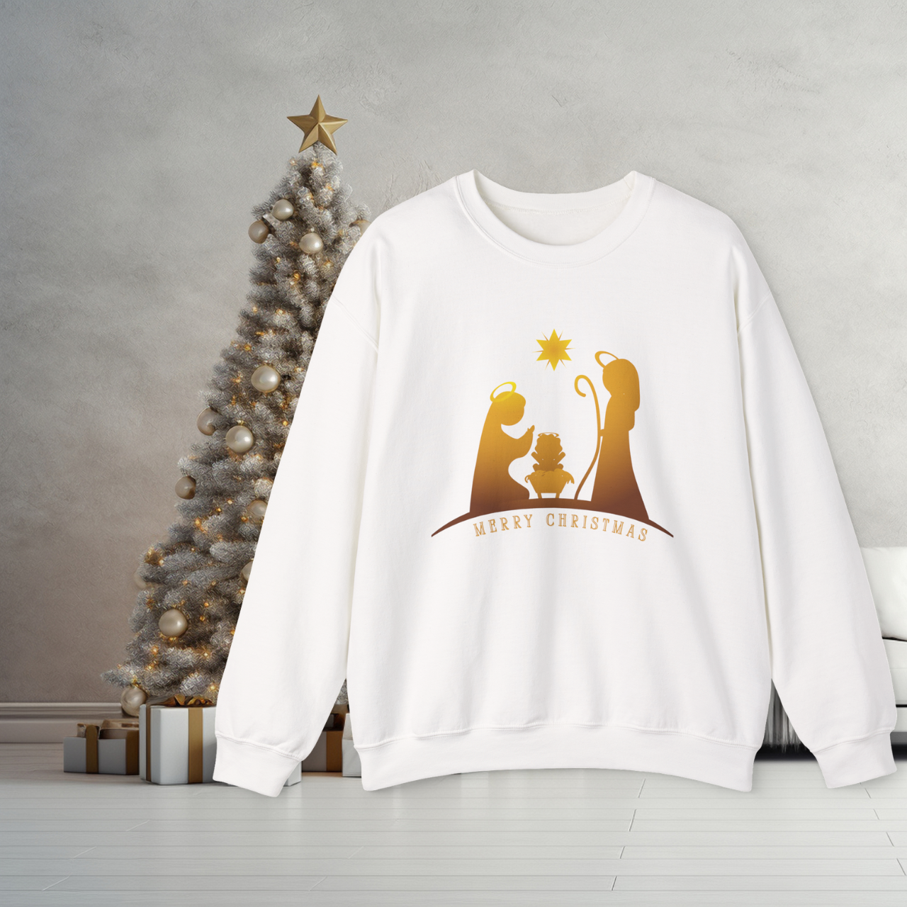Nativity Christmas Sweatshirt – "Merry Christmas" Gold Silhouette Crewneck