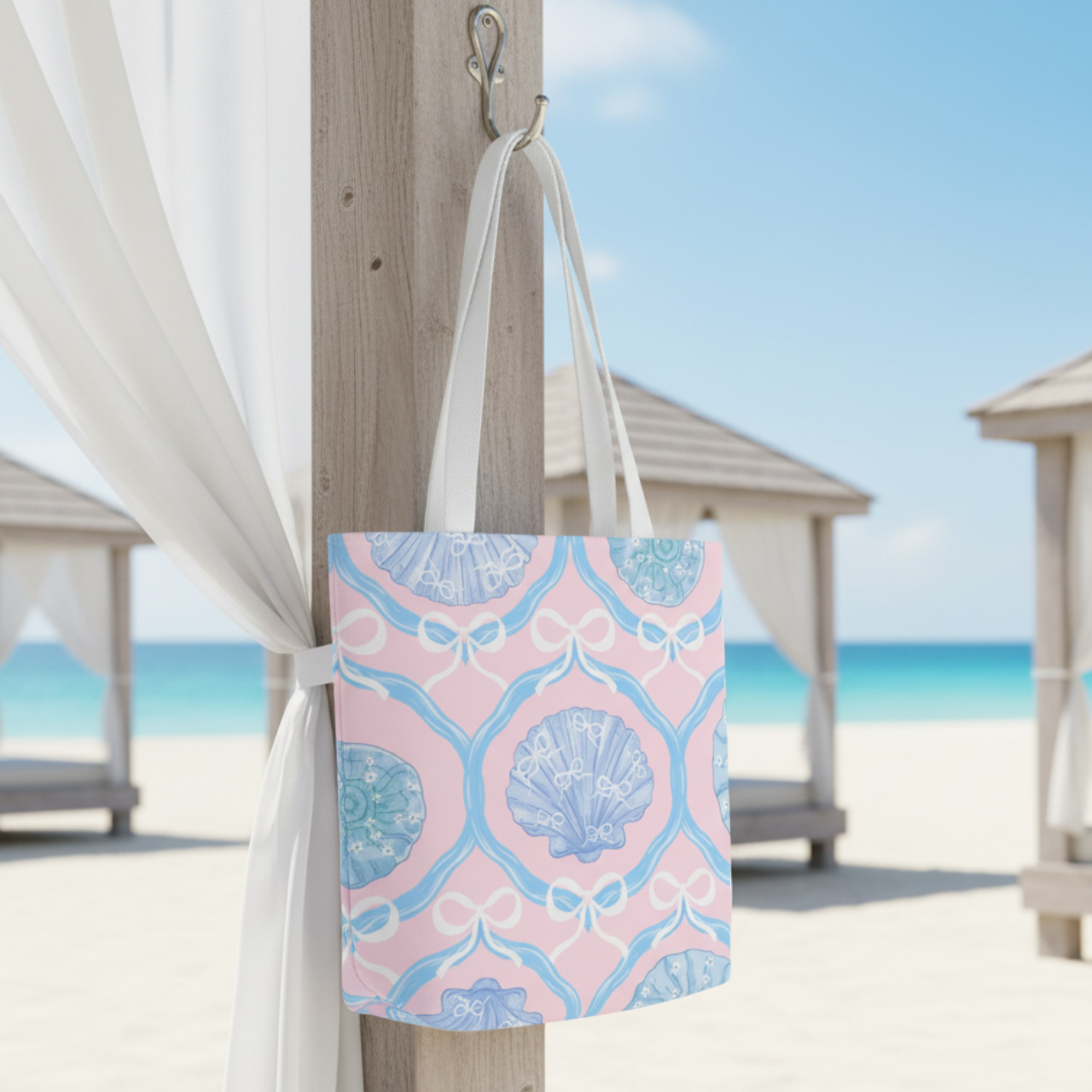 Coquette Coastal Seashell Tote Bag | Pink & Blue Shell Bow Pattern | Aesthetic Beach Tote | Summer Lovin’ Co. | Travel & Everyday Bag product thumbnail image Coquette Coastal Seashell Tote Bag | Pink & Blue Shell Bow Pattern | Aesthetic Beach Tote | Summer Lovin’ Co. | Travel & Everyday Bag product thumbnail image