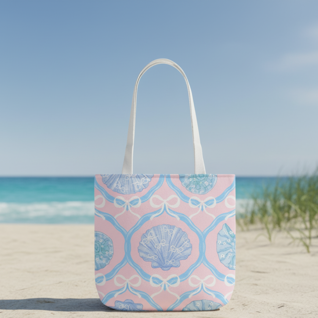 Coquette Coastal Seashell Tote Bag | Pink & Blue Shell Bow Pattern | Aesthetic Beach Tote | Summer Lovin’ Co. | Travel & Everyday Bag product thumbnail image Coquette Coastal Seashell Tote Bag | Pink & Blue Shell Bow Pattern | Aesthetic Beach Tote | Summer Lovin’ Co. | Travel & Everyday Bag product thumbnail image