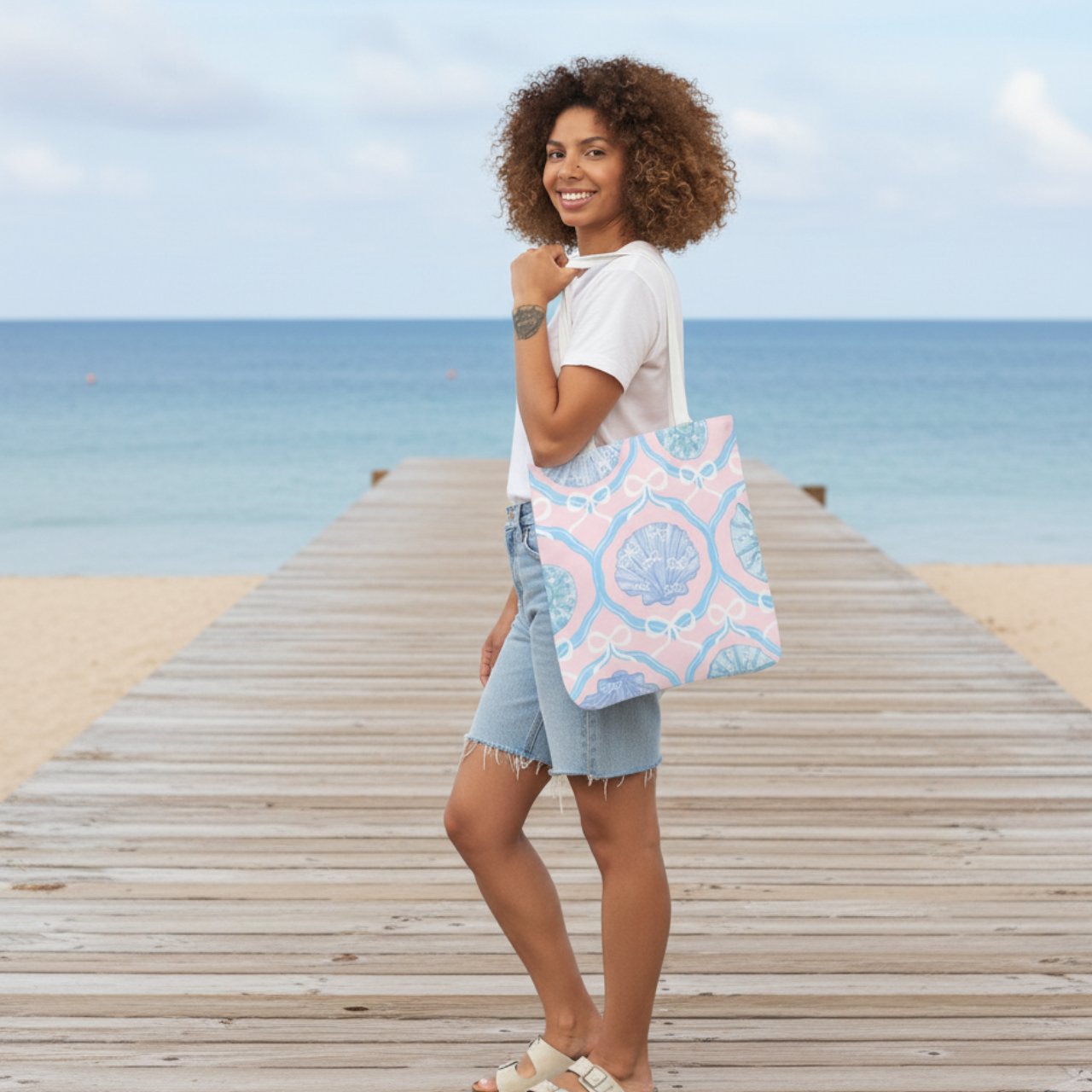 Coquette Coastal Seashell Tote Bag | Pink & Blue Shell Bow Pattern | Aesthetic Beach Tote | Summer Lovin’ Co. | Travel & Everyday Bag product thumbnail image Coquette Coastal Seashell Tote Bag | Pink & Blue Shell Bow Pattern | Aesthetic Beach Tote | Summer Lovin’ Co. | Travel & Everyday Bag product thumbnail image