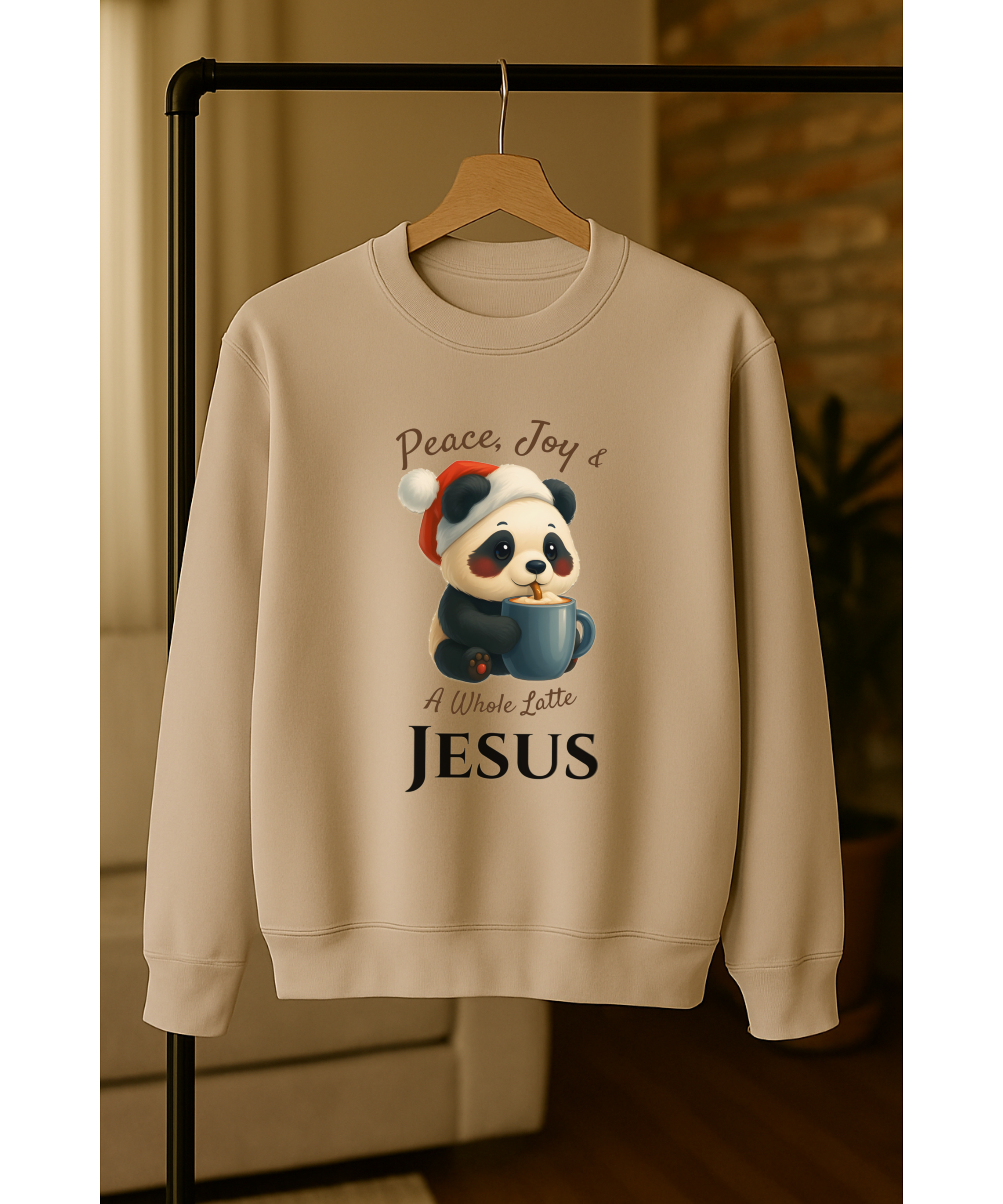 Peace Joy &amp; A Whole Latte Jesus Christian Christmas Sweatshirt | Faith-Inspired Holiday Pullover | Cozy Christian Apparel | Christmas Apparel | Panda | Animal Christmas | Jesus &amp; Coffee product thumbnail image