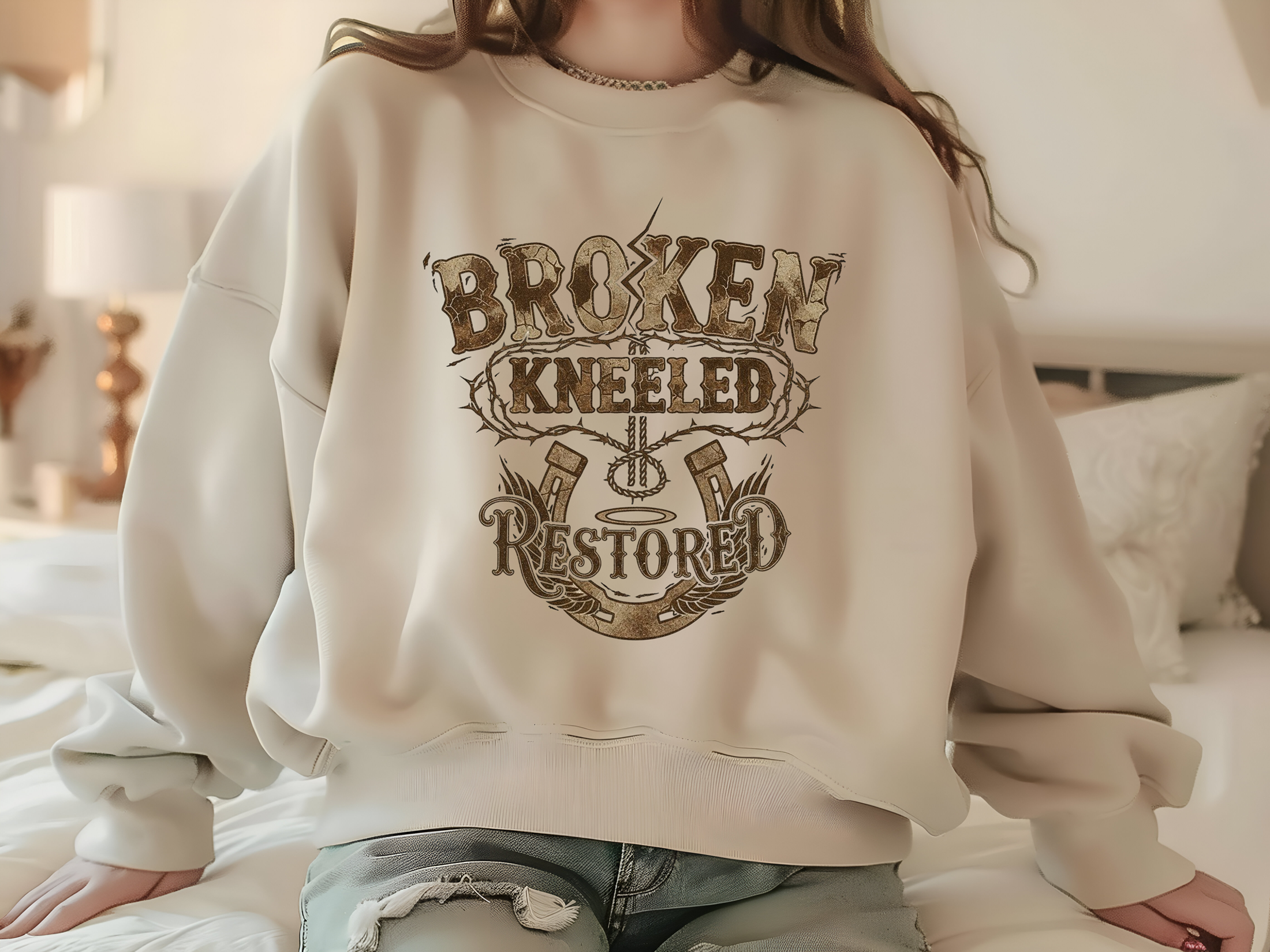 Broken Kneel Restored Sweatshirt — Christian Faith Inspirational Crewneck product thumbnail image Broken Kneel Restored Sweatshirt — Christian Faith Inspirational Crewneck product thumbnail image