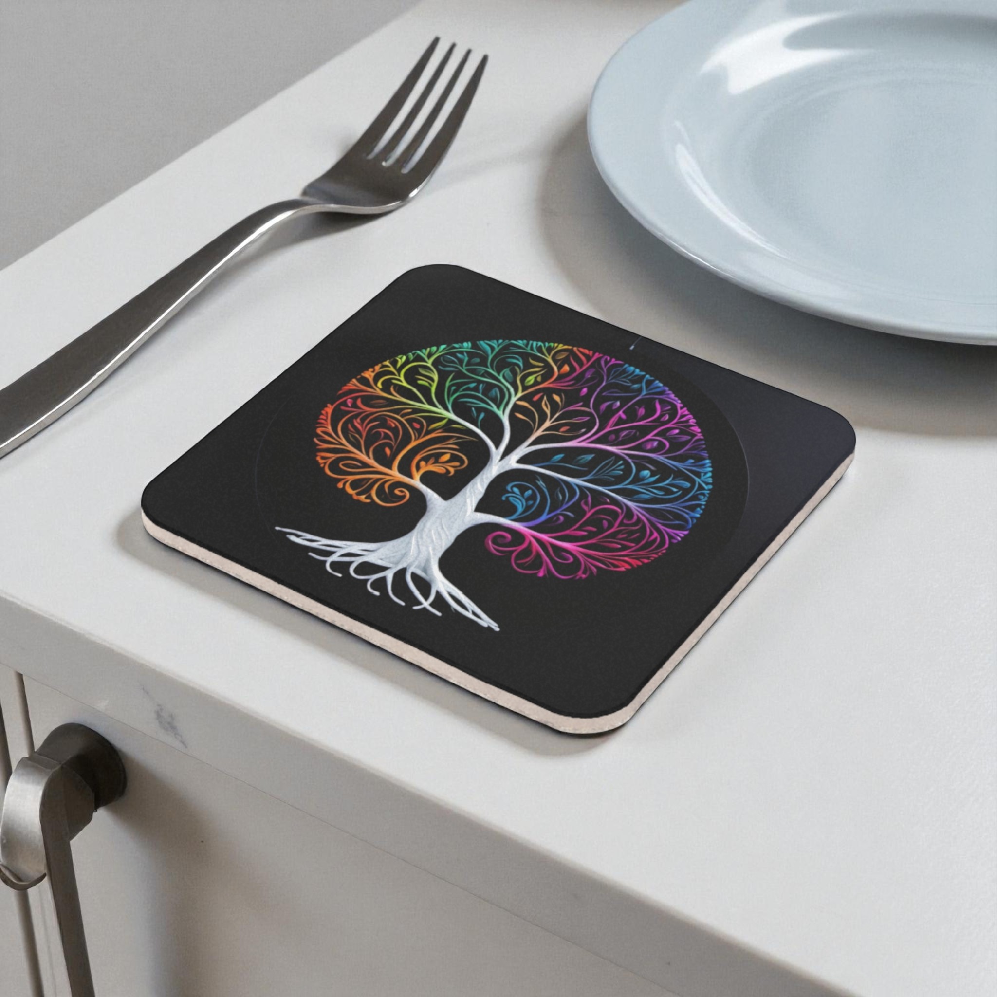 Vibrant Rainbow Tree Cork Back Coaster