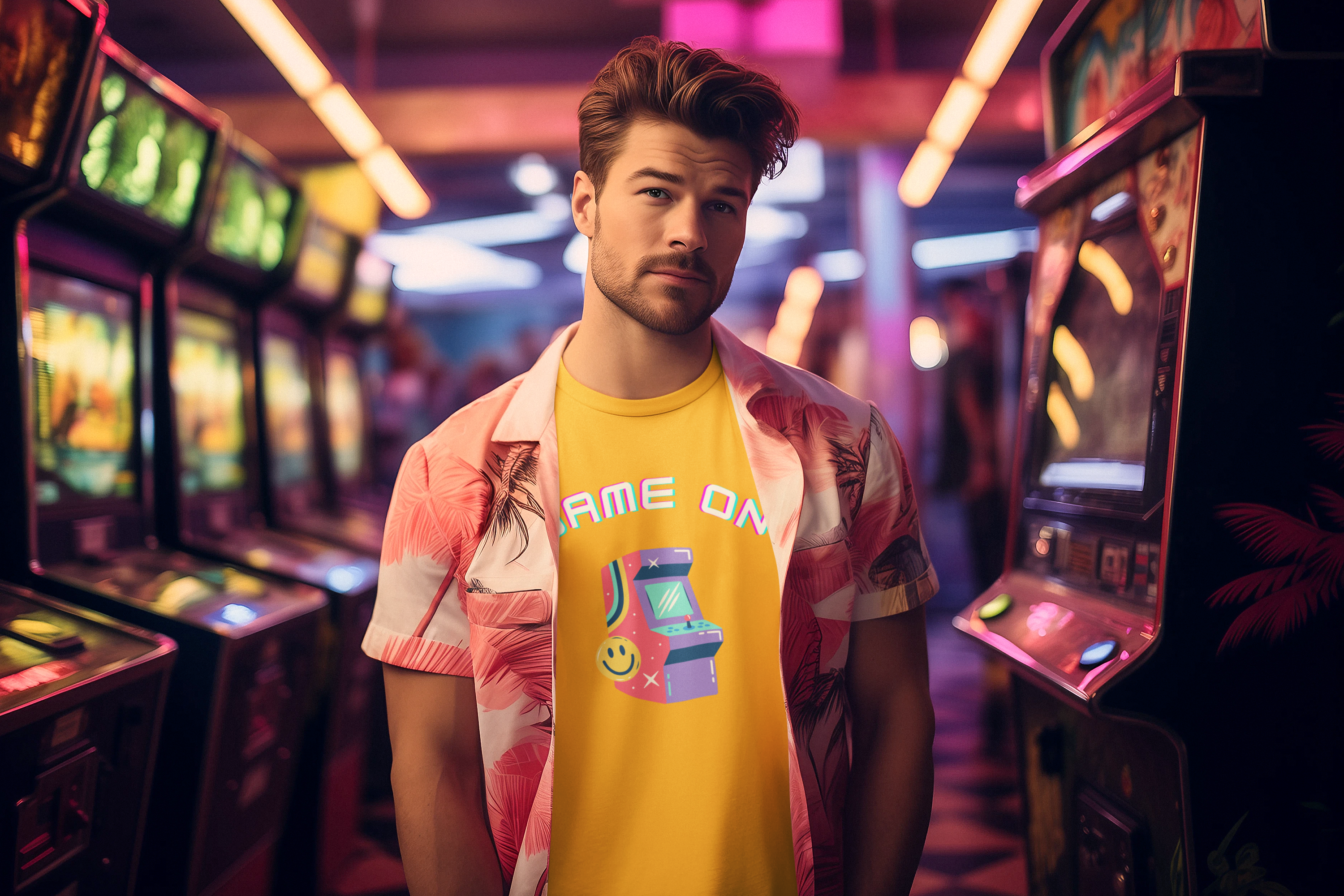 Arcade 'Game On' T-Shirt — Retro Gaming Tee with Neon Arcade Machine product thumbnail image