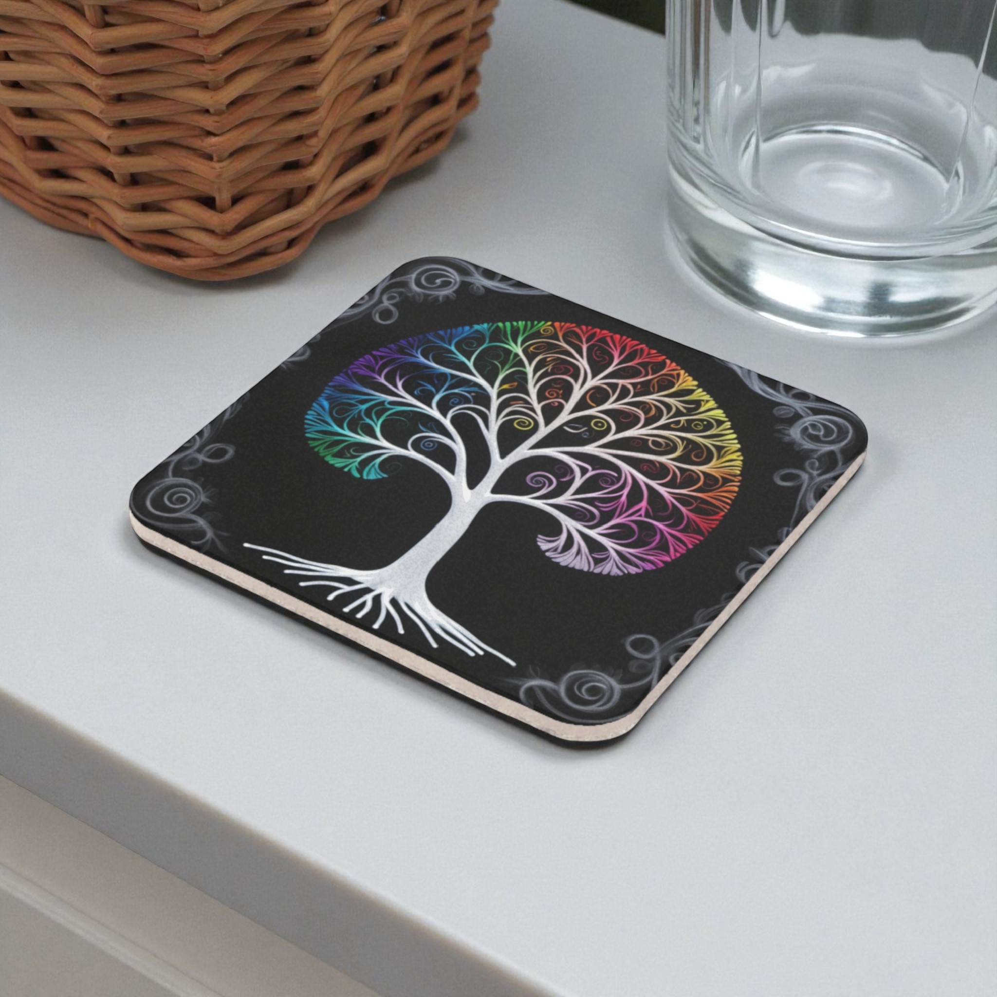 Whimsical Rainbow Tree Cork Back Coaster
