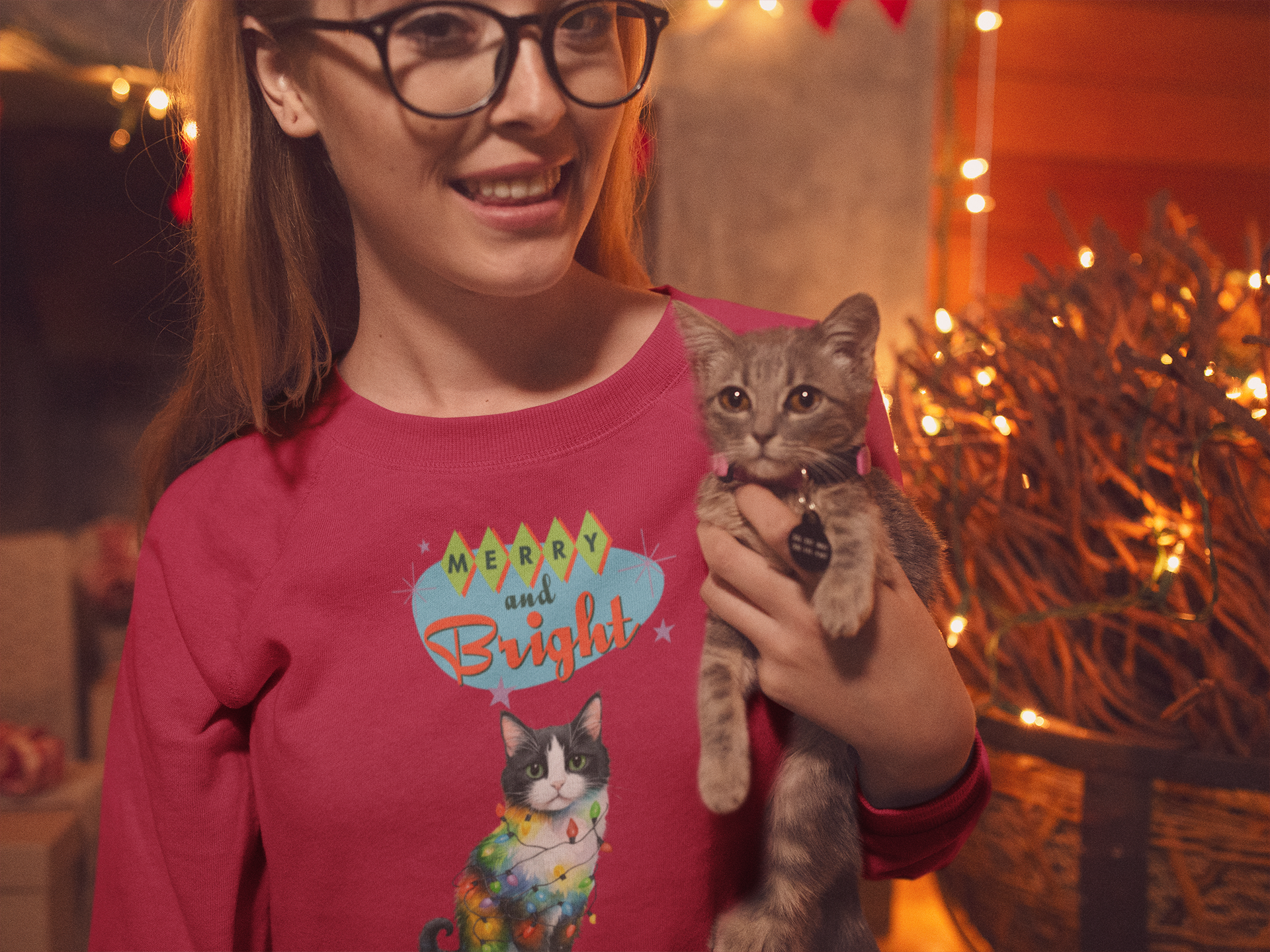 Merry and Bright Cat Sweatshirt — Christmas Holiday Crewneck