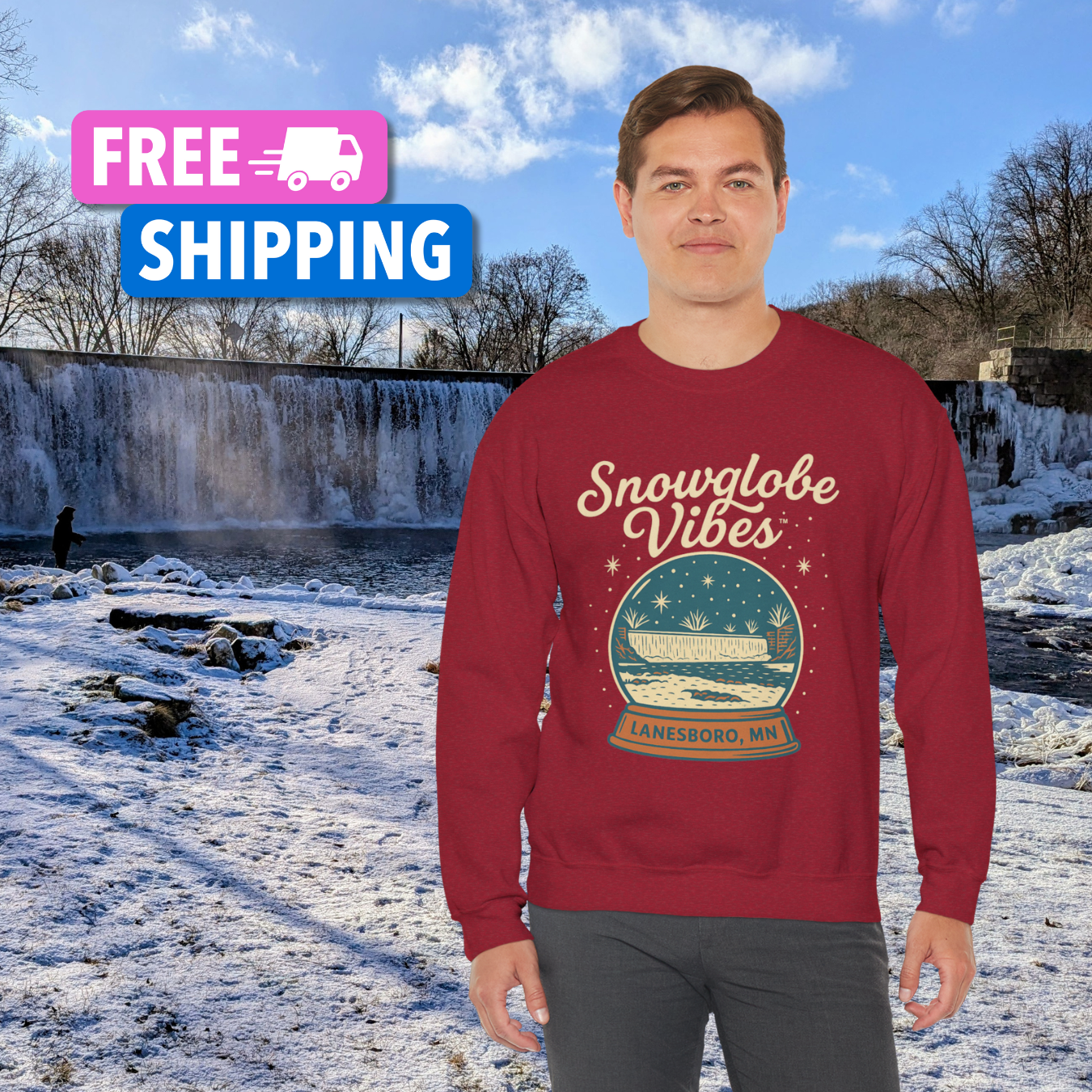 Snowglobe Vibes™ Lanesboro Sweatshirt – Cozy Winter “Snowglobe” Design Featuring the Lanesboro Dam