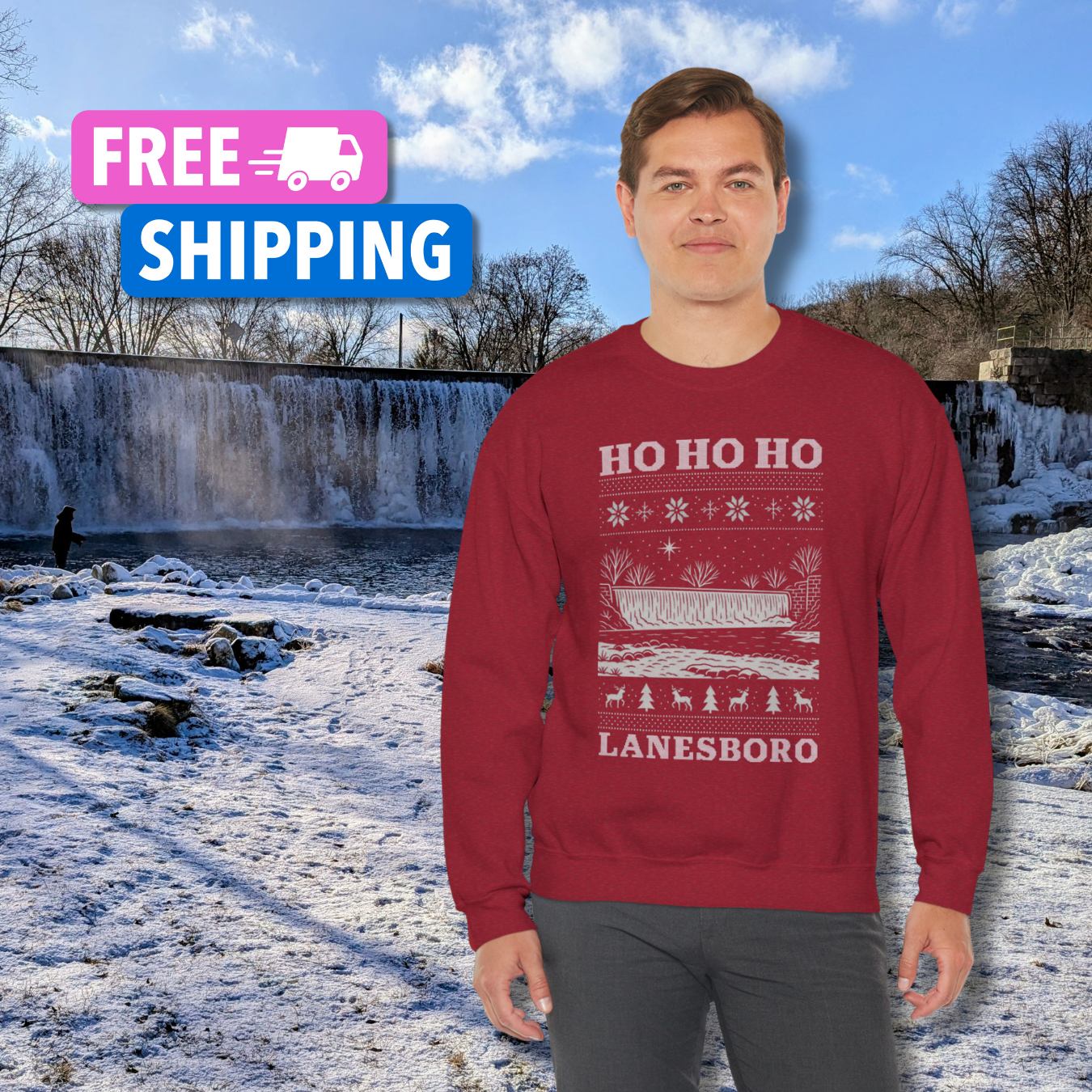 Lanesboro Holiday Sweatshirt – ‘Ho Ho Ho’ Ugly Christmas Sweater Featuring the Lanesboro Dam Lanesboro Holiday Sweatshirt – ‘Ho Ho Ho’ Ugly Christmas Sweater Featuring the Lanesboro Dam