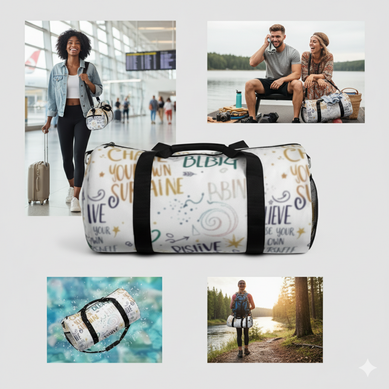Inspirational Quote Duffel Bag – 'Chase Your Own Sunshine' Travel Gym Bag product thumbnail image Inspirational Quote Duffel Bag – 'Chase Your Own Sunshine' Travel Gym Bag product thumbnail image