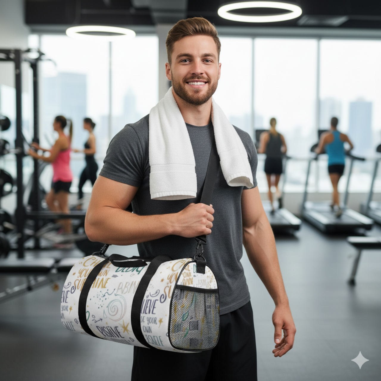 Inspirational Quote Duffel Bag – 'Chase Your Own Sunshine' Travel Gym Bag product thumbnail image Inspirational Quote Duffel Bag – 'Chase Your Own Sunshine' Travel Gym Bag product thumbnail image