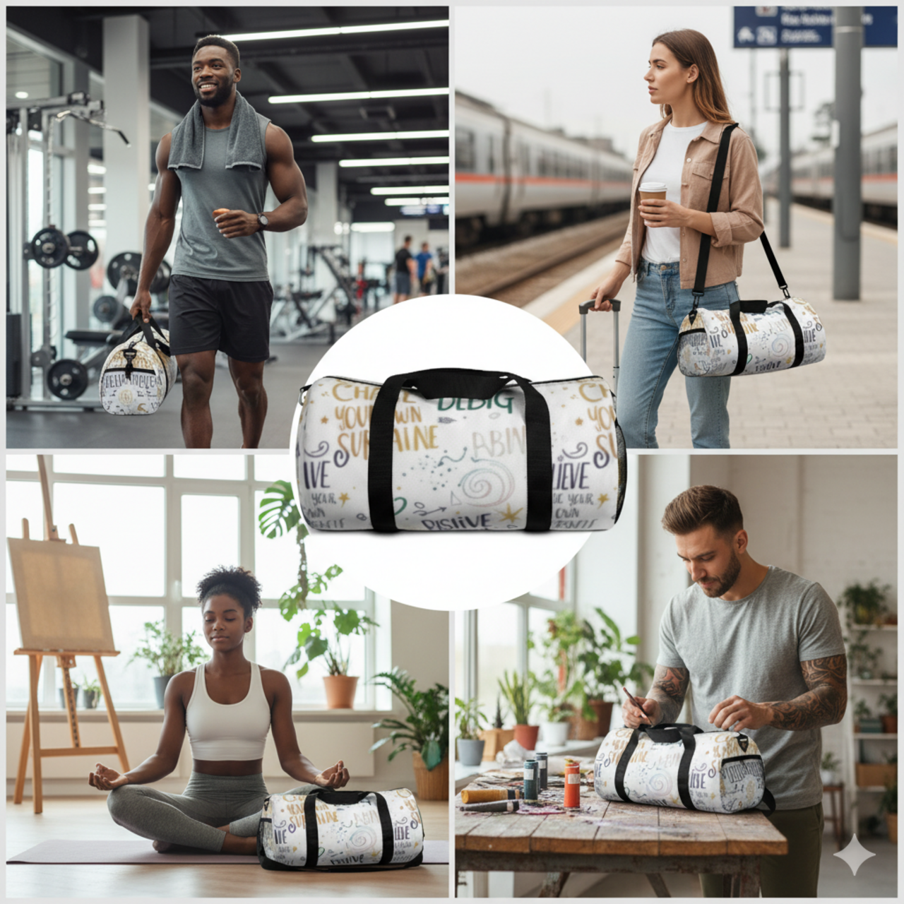 Inspirational Quote Duffel Bag – 'Chase Your Own Sunshine' Travel Gym Bag product thumbnail image Inspirational Quote Duffel Bag – 'Chase Your Own Sunshine' Travel Gym Bag product thumbnail image