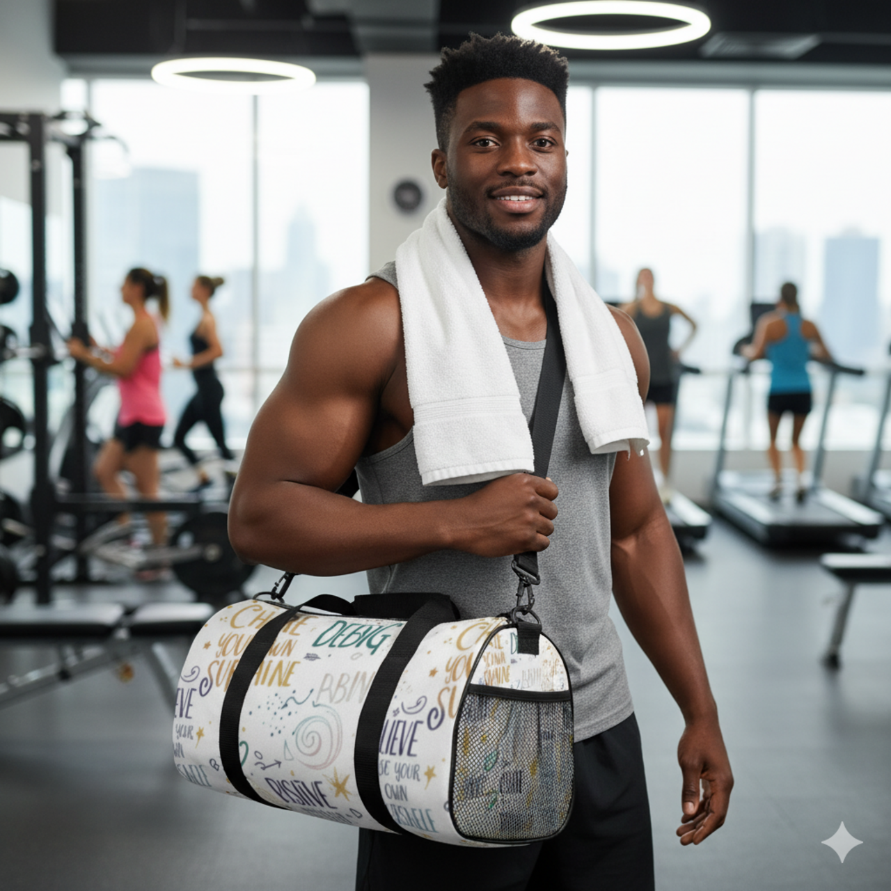 Inspirational Quote Duffel Bag – 'Chase Your Own Sunshine' Travel Gym Bag product thumbnail image Inspirational Quote Duffel Bag – 'Chase Your Own Sunshine' Travel Gym Bag product thumbnail image