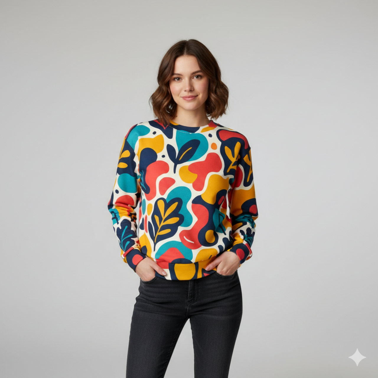 Abstract Floral All-Over Print Sweatshirt — Colorful Retro Leaf Pattern product thumbnail image Abstract Floral All-Over Print Sweatshirt — Colorful Retro Leaf Pattern product thumbnail image