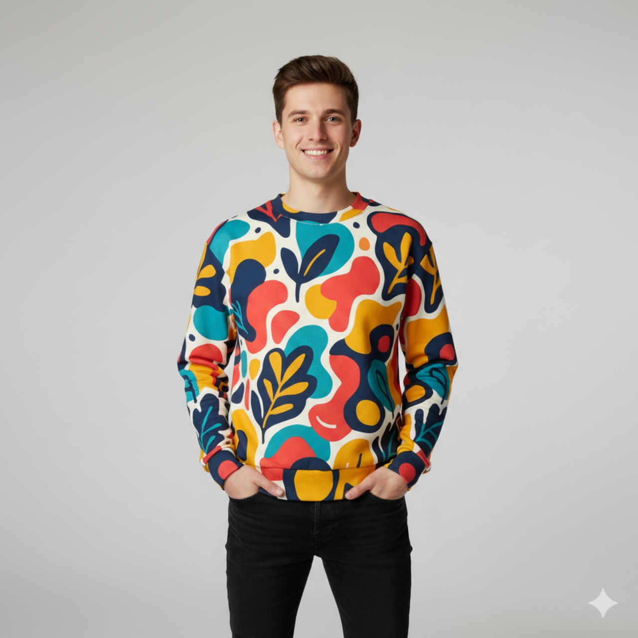 Abstract Floral All-Over Print Sweatshirt — Colorful Retro Leaf Pattern product thumbnail image Abstract Floral All-Over Print Sweatshirt — Colorful Retro Leaf Pattern product thumbnail image