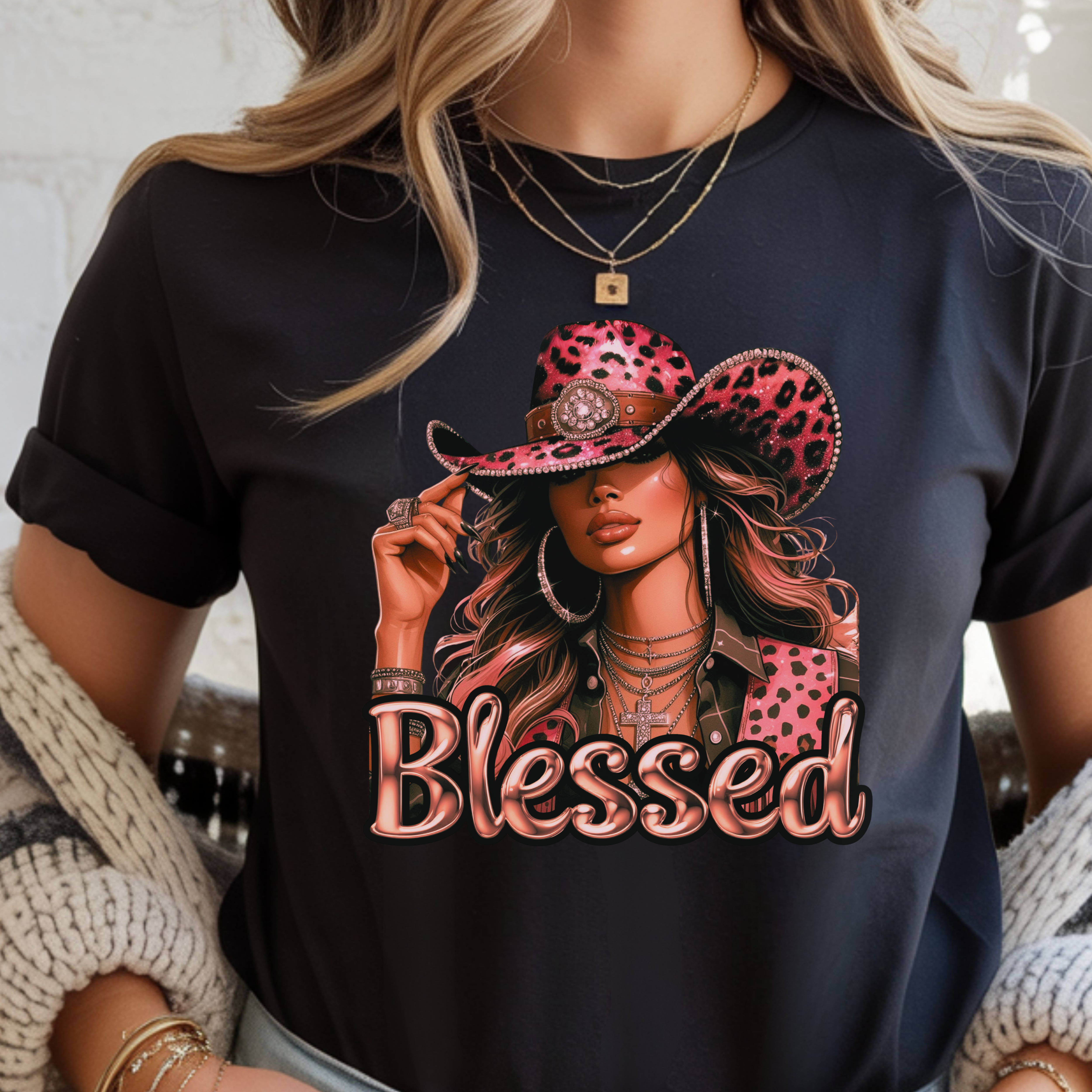 "Blessed" - Faith Based Women's Cotton Short Sleeve T-shirt, Cowgirl Graphic, Inspirational product thumbnail image "Blessed" - Faith Based Women's Cotton Short Sleeve T-shirt, Cowgirl Graphic, Inspirational product thumbnail image