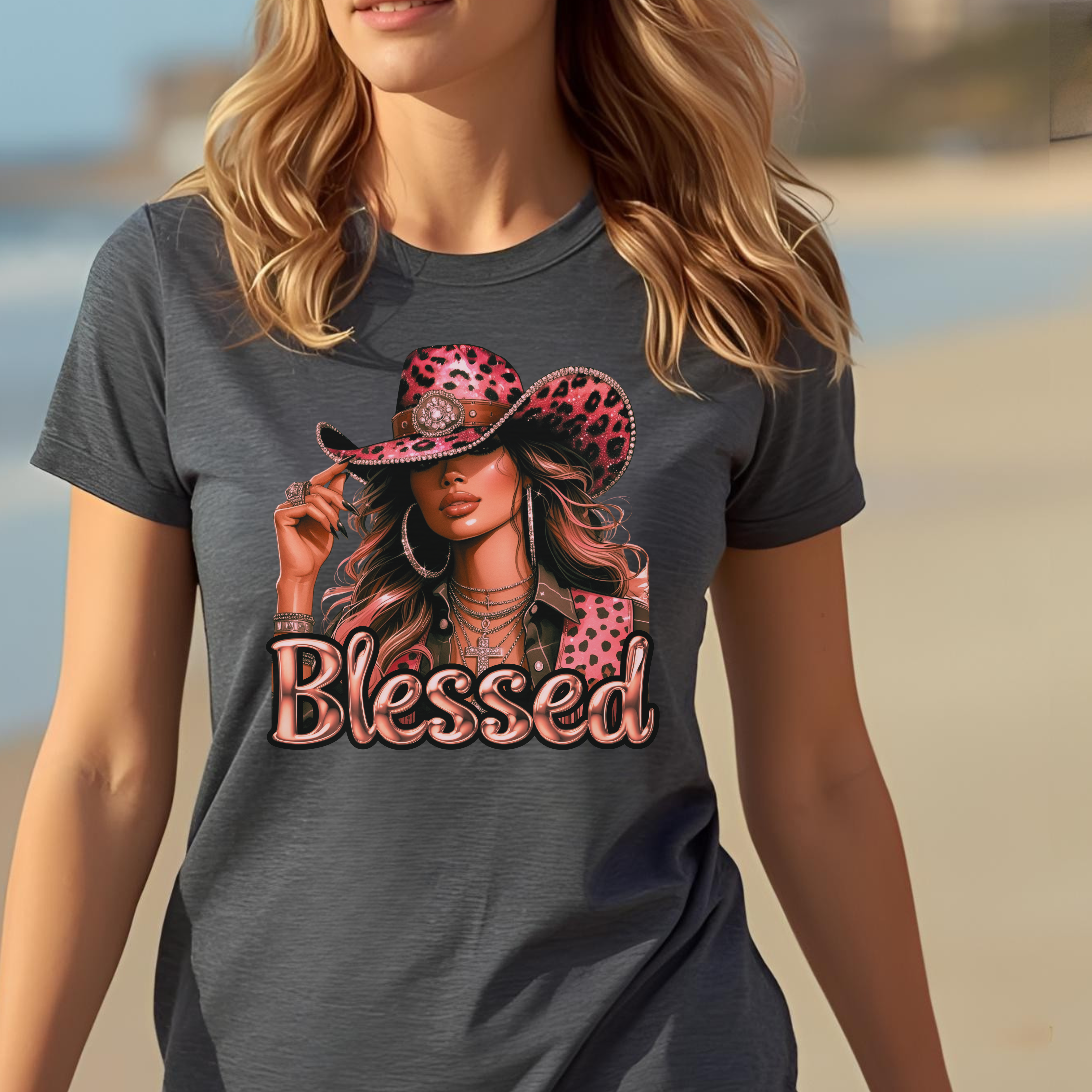 "Blessed" - Faith Based Women's Cotton Short Sleeve T-shirt, Cowgirl Graphic, Inspirational 