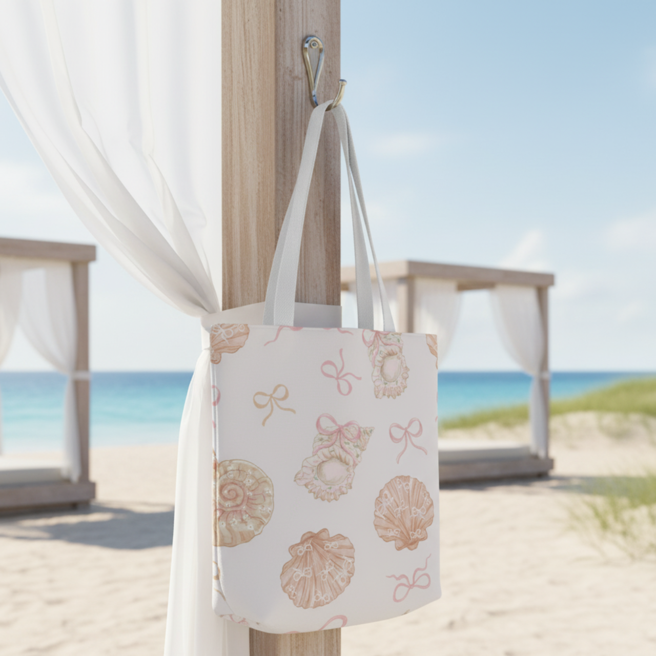 Coquette Coastal Seashell Tote Bag | Neutral Bow & Shell Pattern | Aesthetic Beach Tote | Summer Lovin’ Co. | Travel & Everyday Bag product thumbnail image Coquette Coastal Seashell Tote Bag | Neutral Bow & Shell Pattern | Aesthetic Beach Tote | Summer Lovin’ Co. | Travel & Everyday Bag product thumbnail image