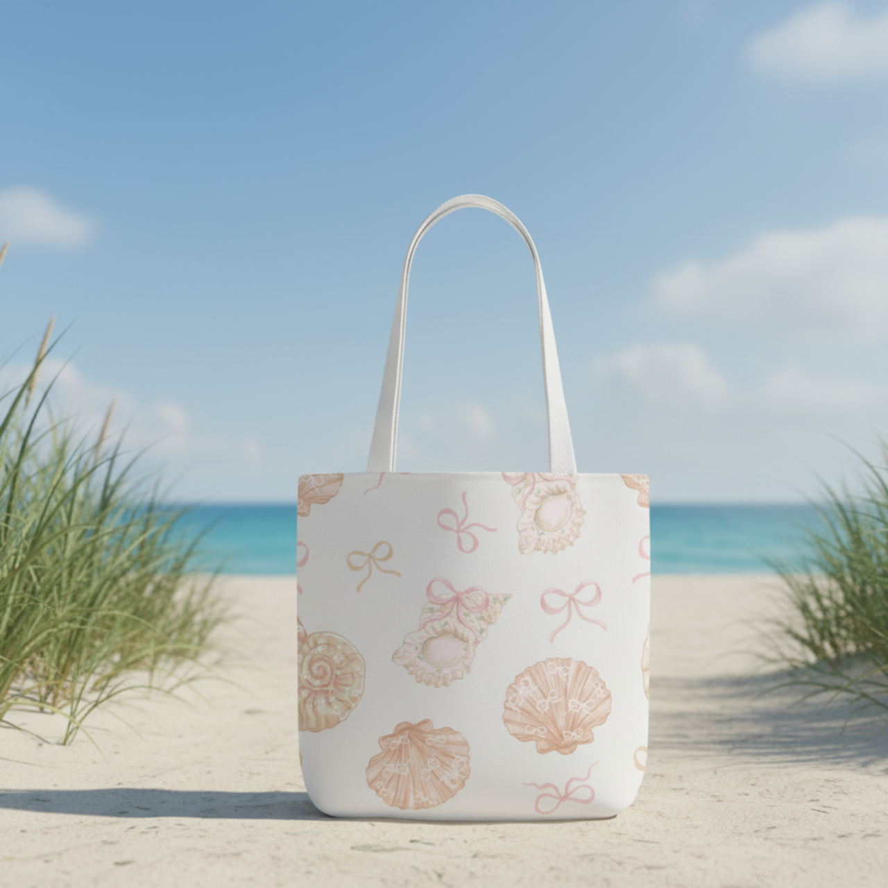 Coquette Coastal Seashell Tote Bag | Neutral Bow &amp; Shell Pattern | Aesthetic Beach Tote | Summer Lovin’ Co. | Travel &amp; Everyday Bag product thumbnail image