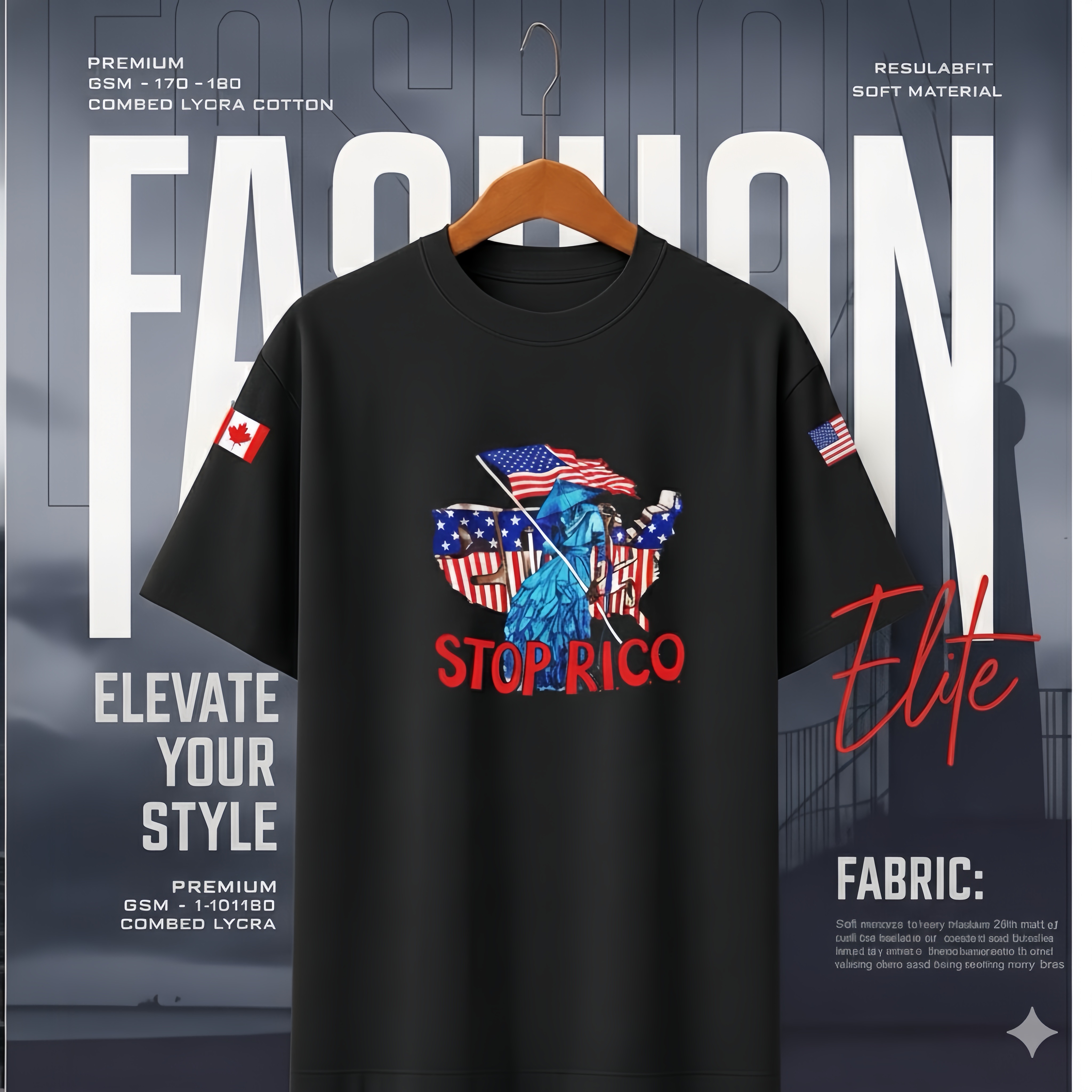 T‑Shirt — 'Hevendrift' Patriotic 'Stop Rico' Graphic Tee product thumbnail image T‑Shirt — 'Hevendrift' Patriotic 'Stop Rico' Graphic Tee product thumbnail image