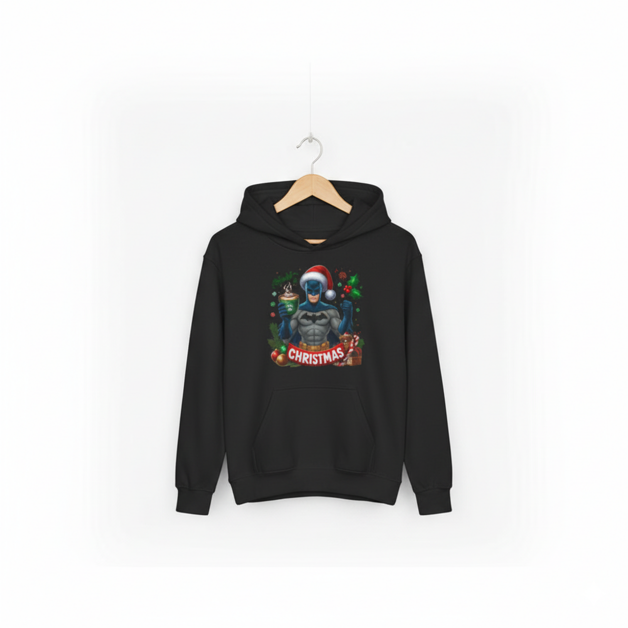 Kids Batman Christmas Hoodie — Santa Hat Superhero Holiday Sweatshirt product thumbnail image Kids Batman Christmas Hoodie — Santa Hat Superhero Holiday Sweatshirt product thumbnail image