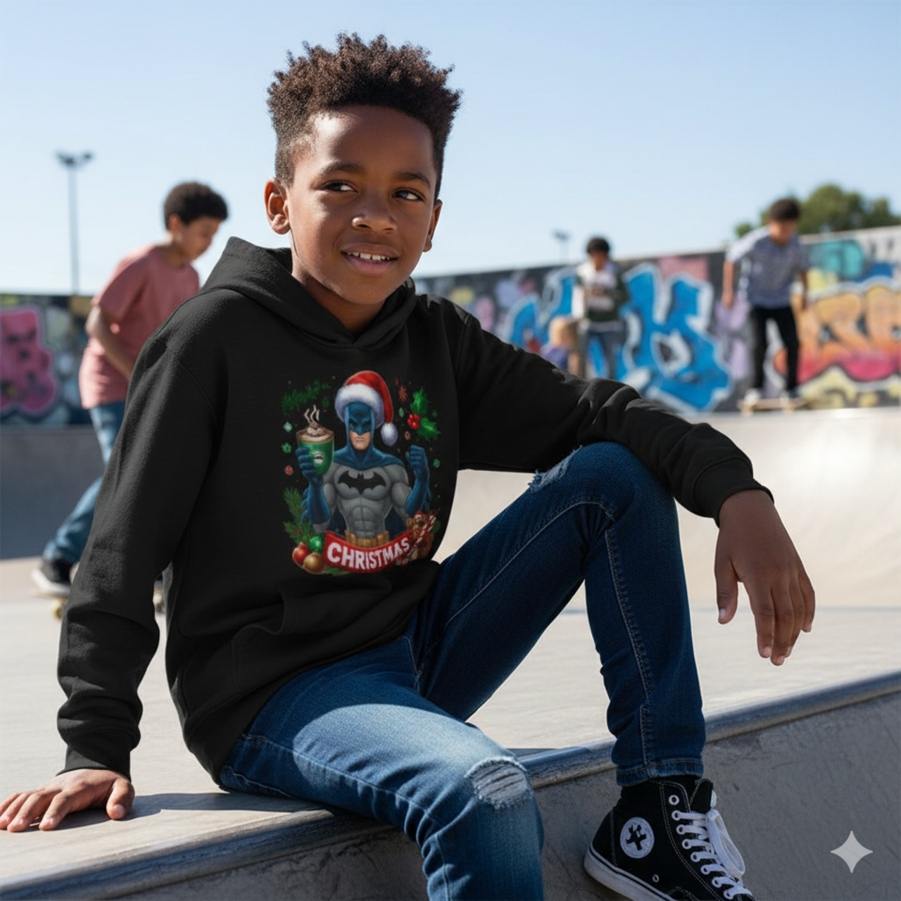 Kids Batman Christmas Hoodie — Santa Hat Superhero Holiday Sweatshirt product thumbnail image Kids Batman Christmas Hoodie — Santa Hat Superhero Holiday Sweatshirt product thumbnail image