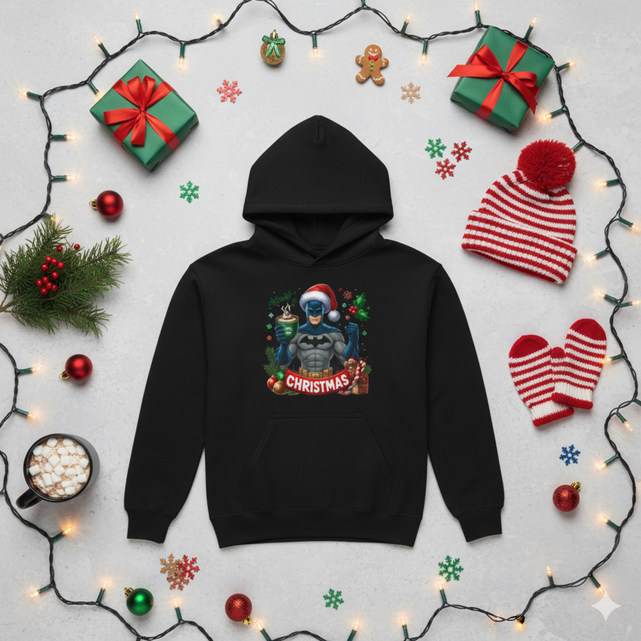 Kids Batman Christmas Hoodie — Santa Hat Superhero Holiday Sweatshirt product thumbnail image Kids Batman Christmas Hoodie — Santa Hat Superhero Holiday Sweatshirt product thumbnail image