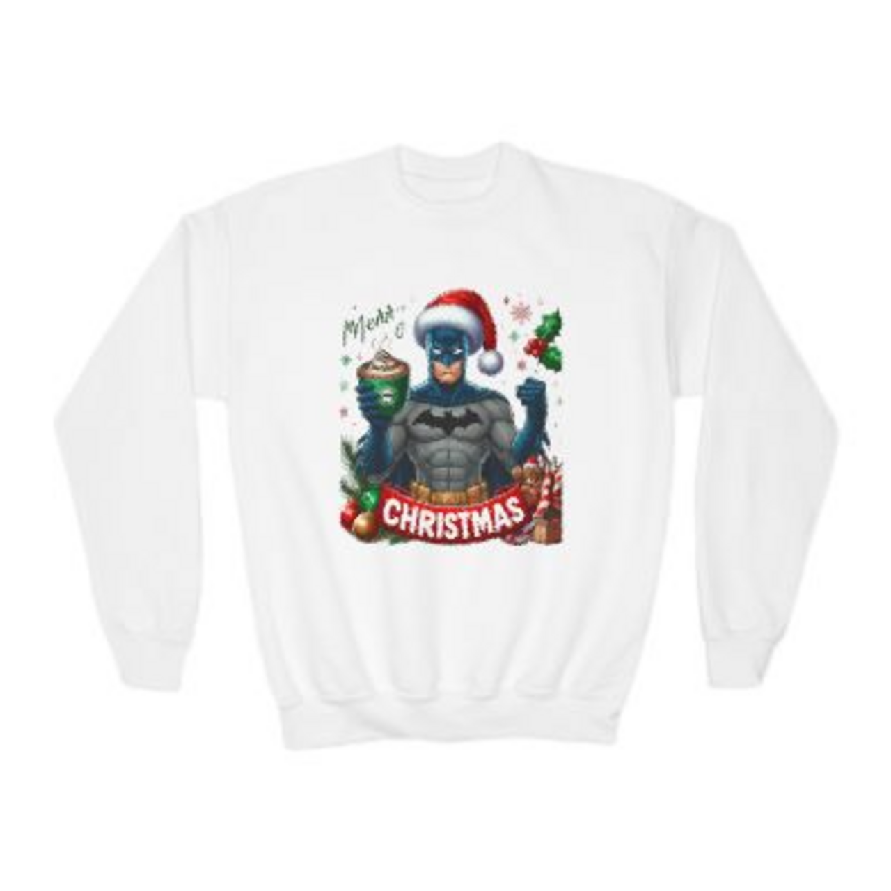 Youth Christmas Sweater — Cat in Santa Hat Crewneck product thumbnail image Youth Christmas Sweater — Cat in Santa Hat Crewneck product thumbnail image