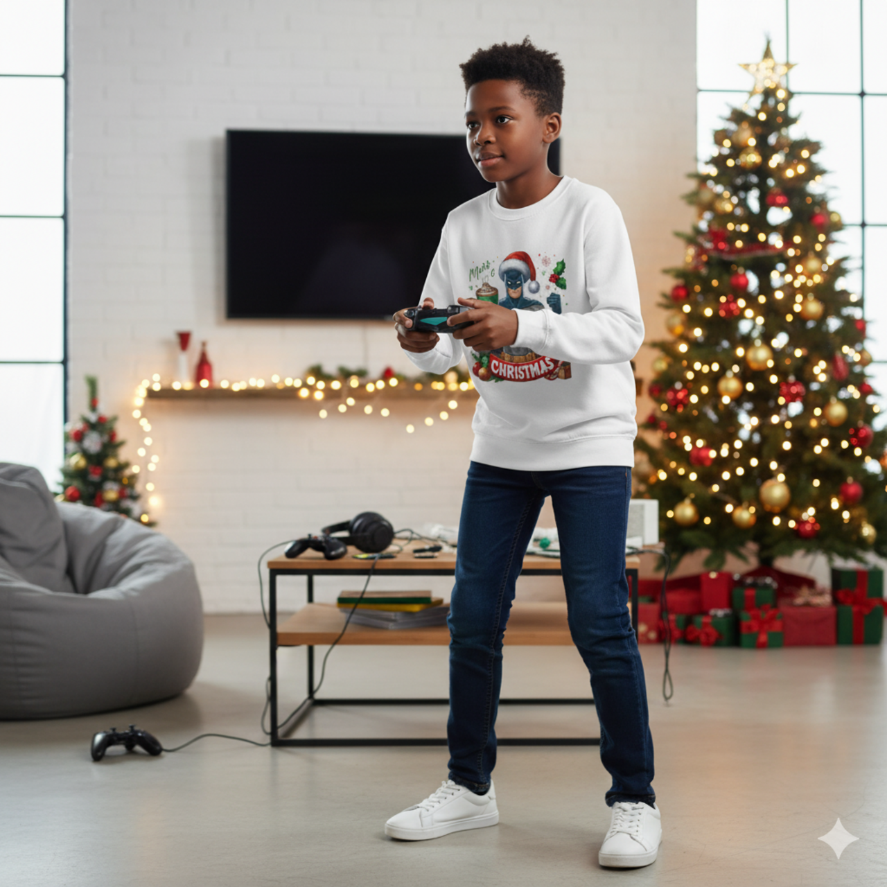 Youth Christmas Sweater — Cat in Santa Hat Crewneck product thumbnail image Youth Christmas Sweater — Cat in Santa Hat Crewneck product thumbnail image