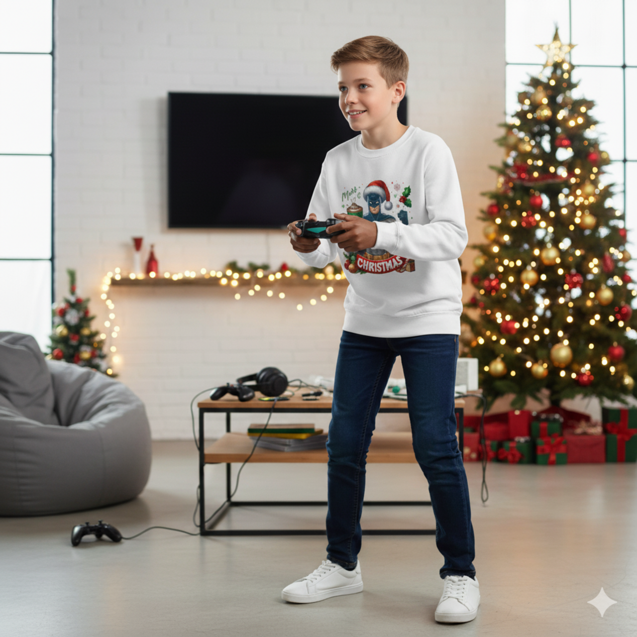 Youth Christmas Sweater — Cat in Santa Hat Crewneck product thumbnail image Youth Christmas Sweater — Cat in Santa Hat Crewneck product thumbnail image